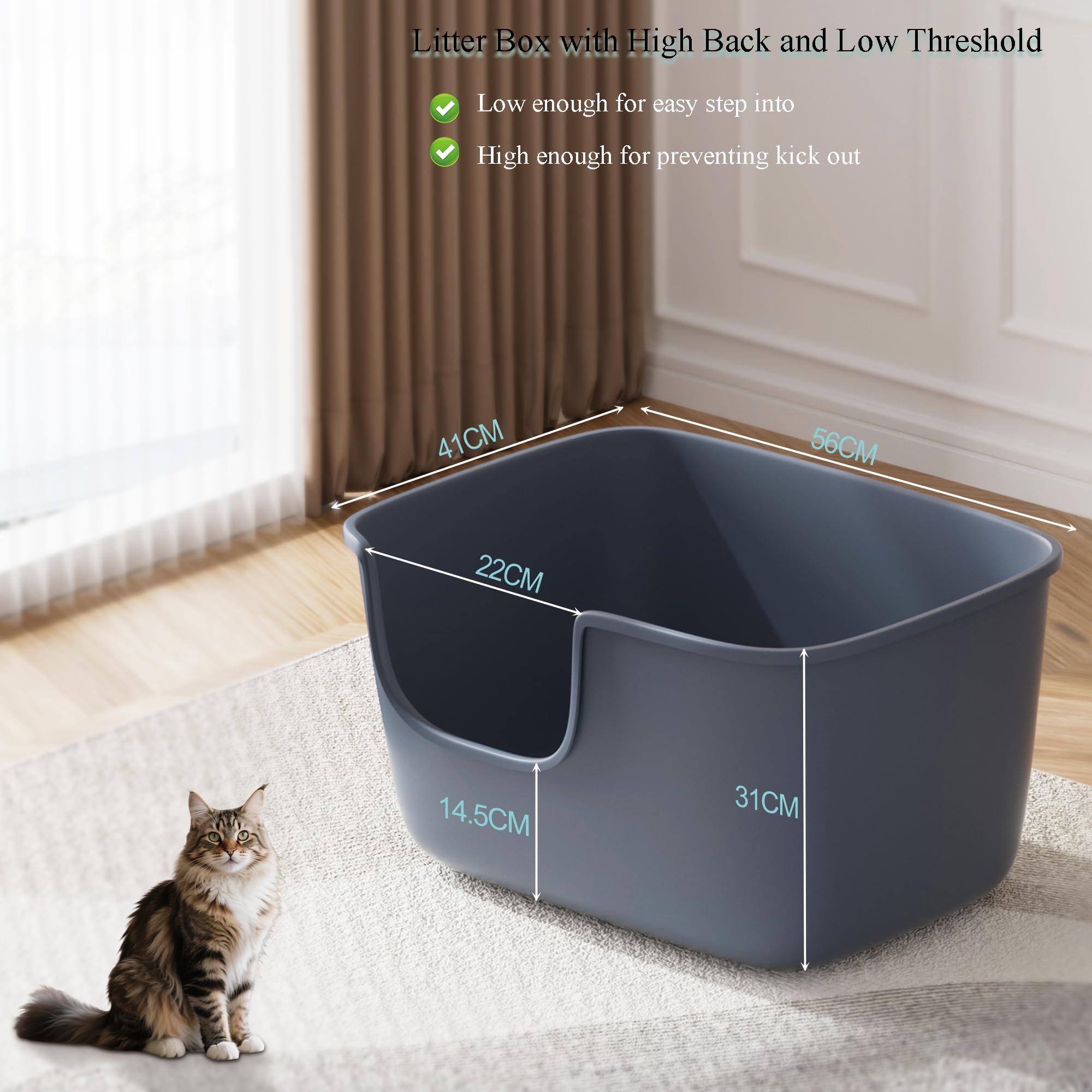 Vealind-bac-litiere-chat-mur-haut-gris, rebords élevés pour contenir litière et éclaboussures.