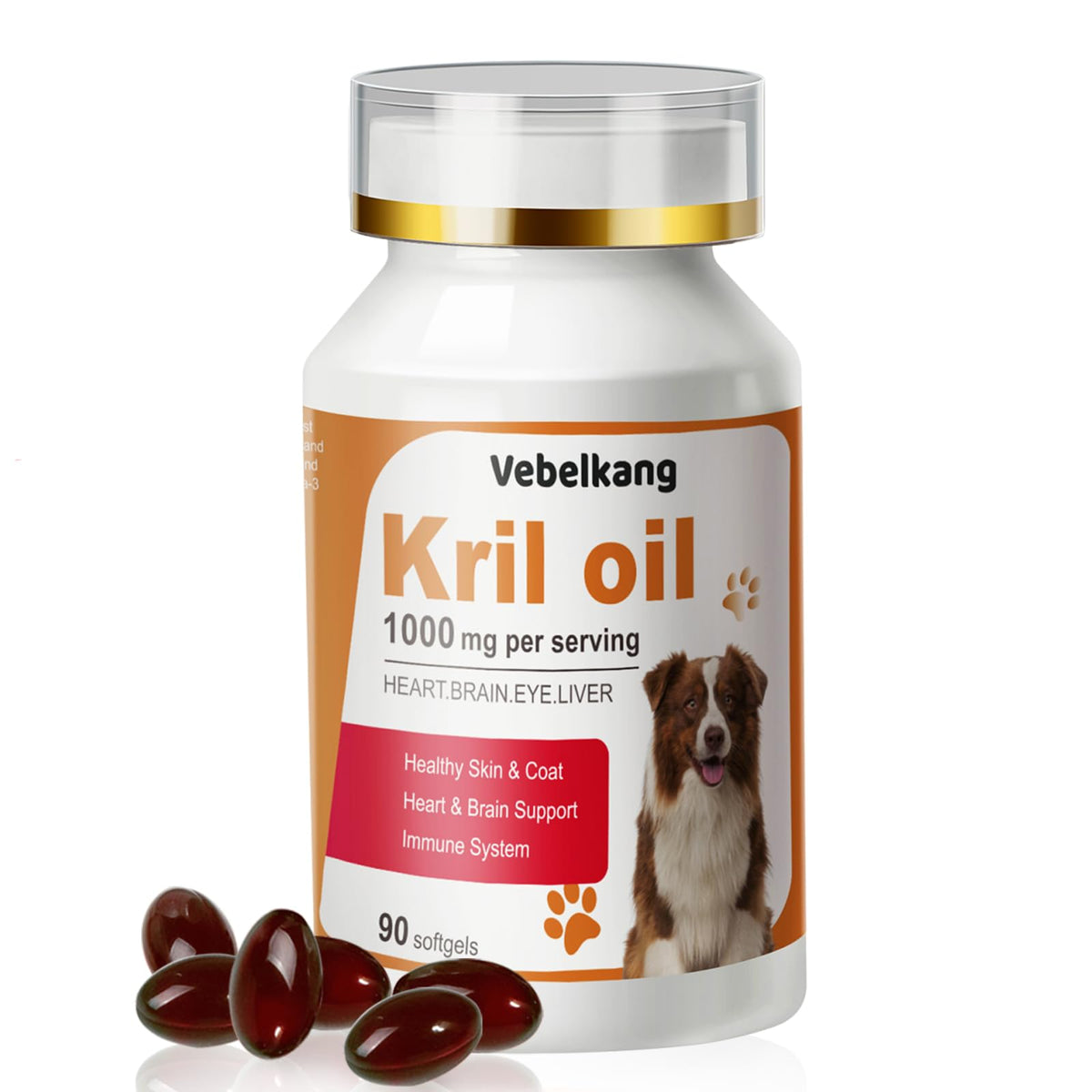 Vebelkang huile krill chiens : capsules qui soutiennent peau saine et pelage brillant.