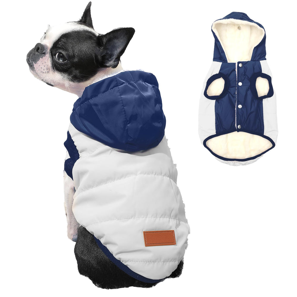Vecomfy capuche chien moyen beige-bleu, chaleur confortable pour sorties hivernales.