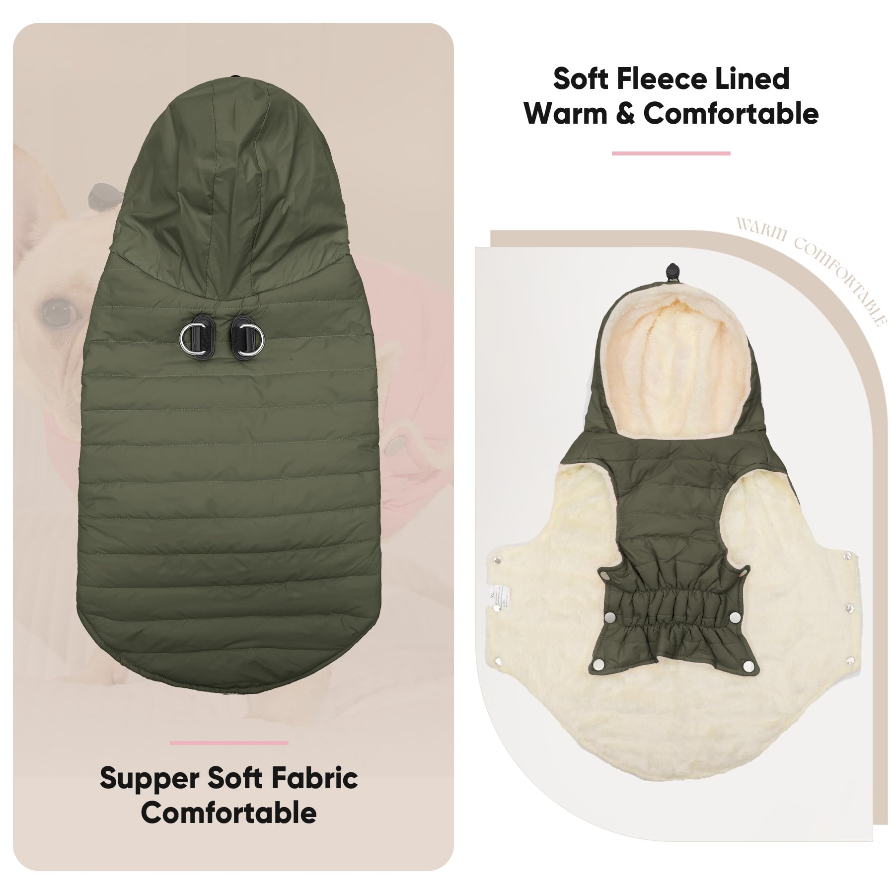 Harnais intégré Vecomfy sur le manteau, attache sécurisée et pratique lors des sorties.