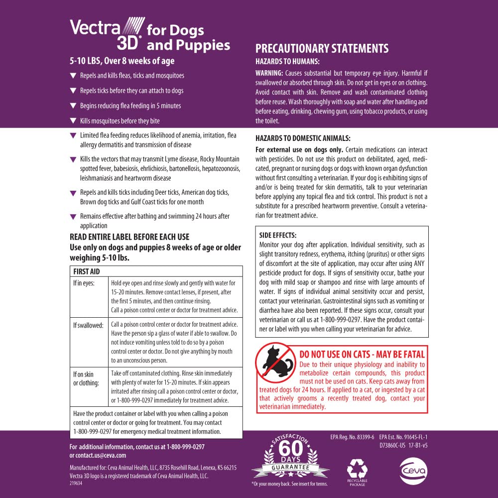 Vectra 3D protège contre puces et moustiques pour chiens.