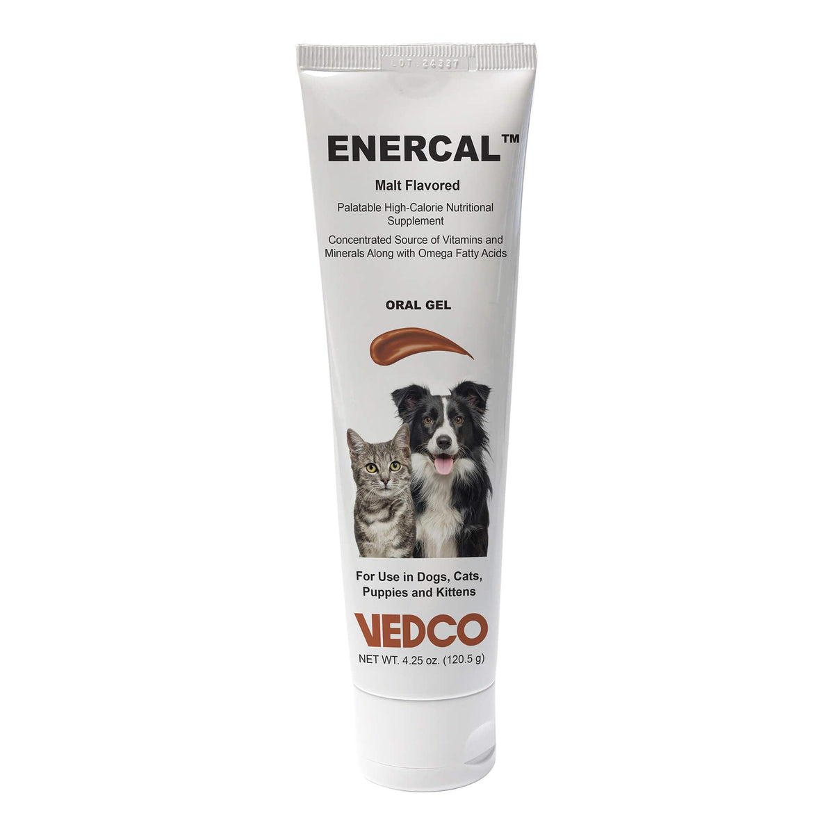 Vedco Enercal Gel – bouteille 4,25 oz montrant l'apport nutritionnel potentiel pour chiens et chats