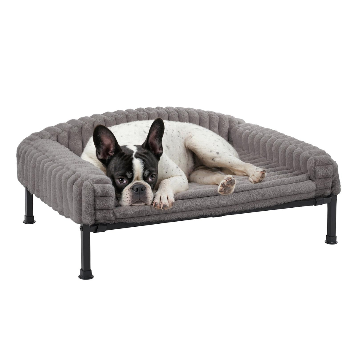 Lit chien surélevé Veehoo avec rebords gris, confort et sécurité.