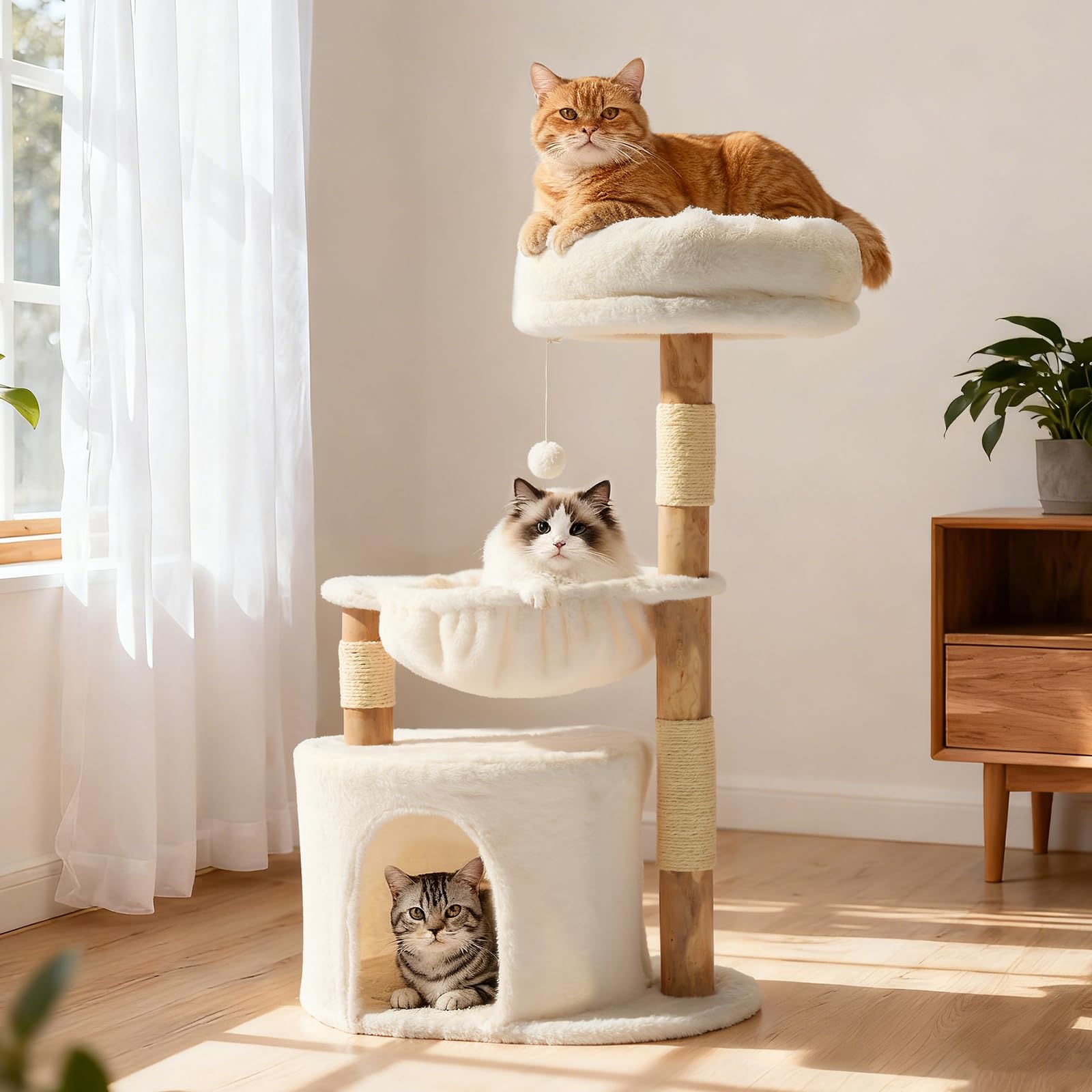 Veehoo arbre chat bois naturel avec base lourde offrant stabilité pour chats actifs