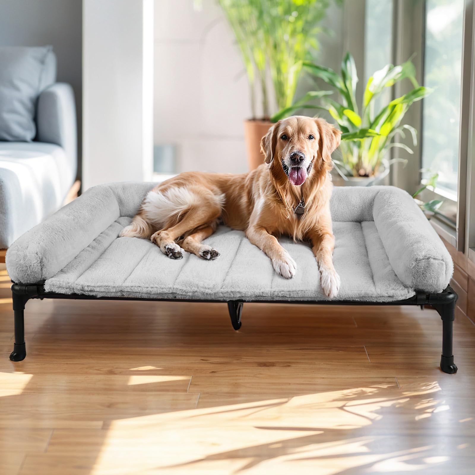 Veehoo lit chien élevé avec cadre en acier renforcé et stabilité accrue.