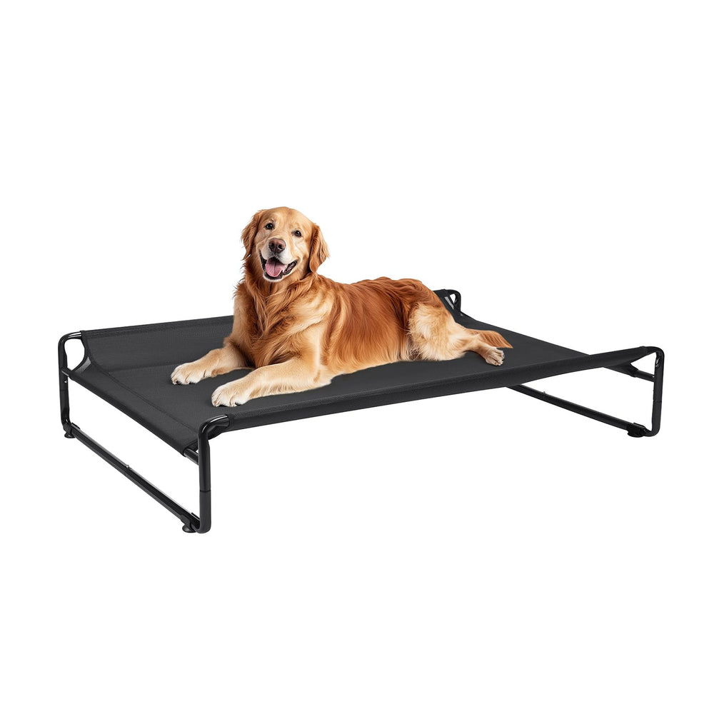 Lit surélevé Veehoo pour chien avec cadre en acier robuste et stabilité.