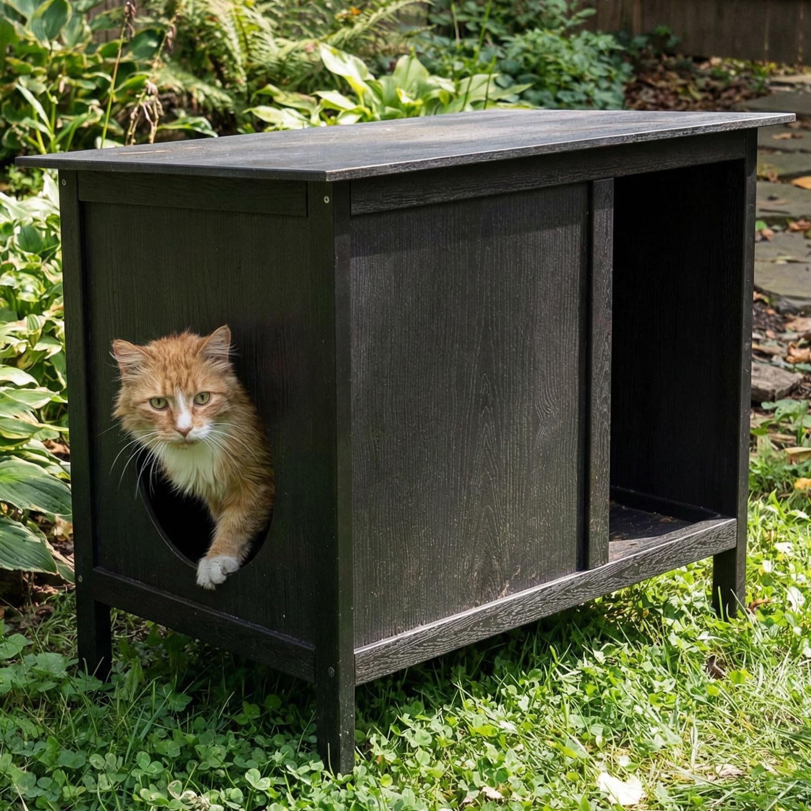 Veehoo: vue extérieure, abri pour chats étanche et résistante.