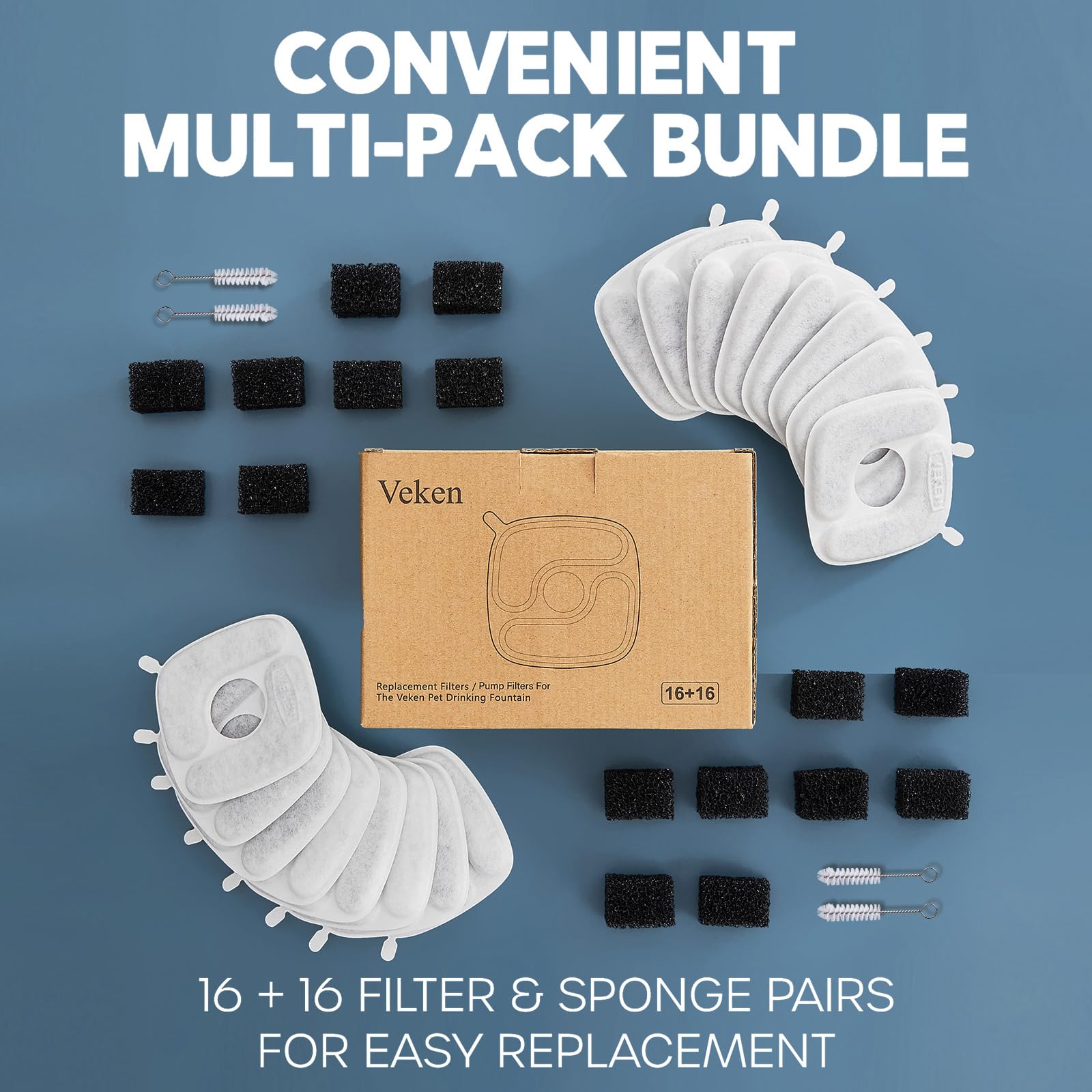 Ensemble 16 filtres et 16 éponges Veken, lot pratique pour fontaine.