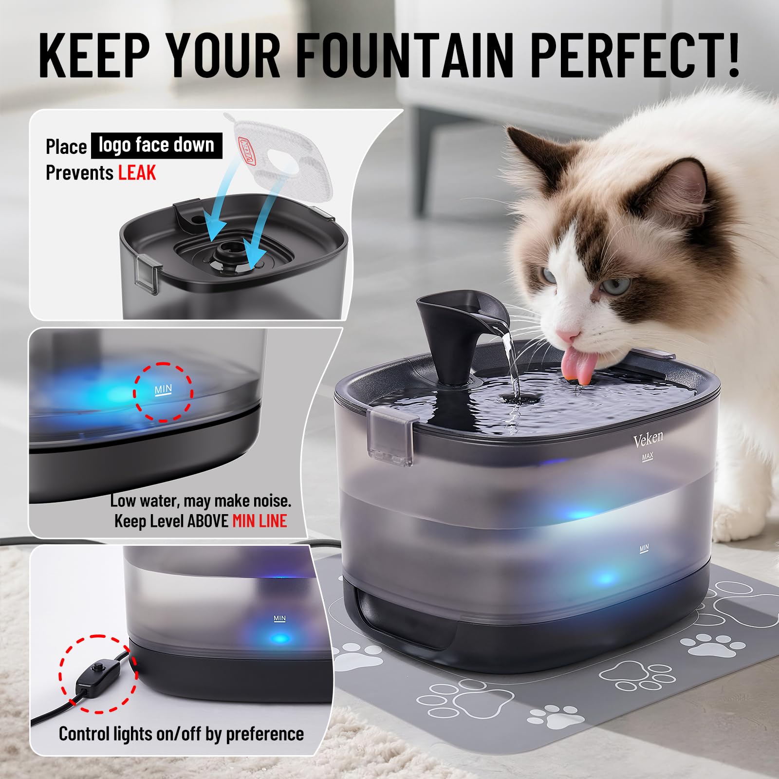 Flux d’eau personnalisable et LED réglable, adapté à chaque animal.