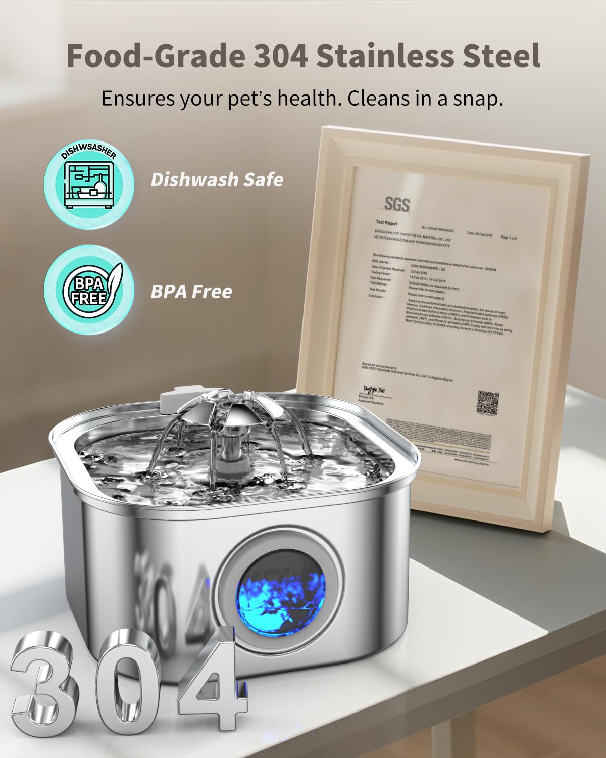 Vekonn fontaine-eau-chat-inox-sus304-durable, hygiène supérieure grâce au matériau.