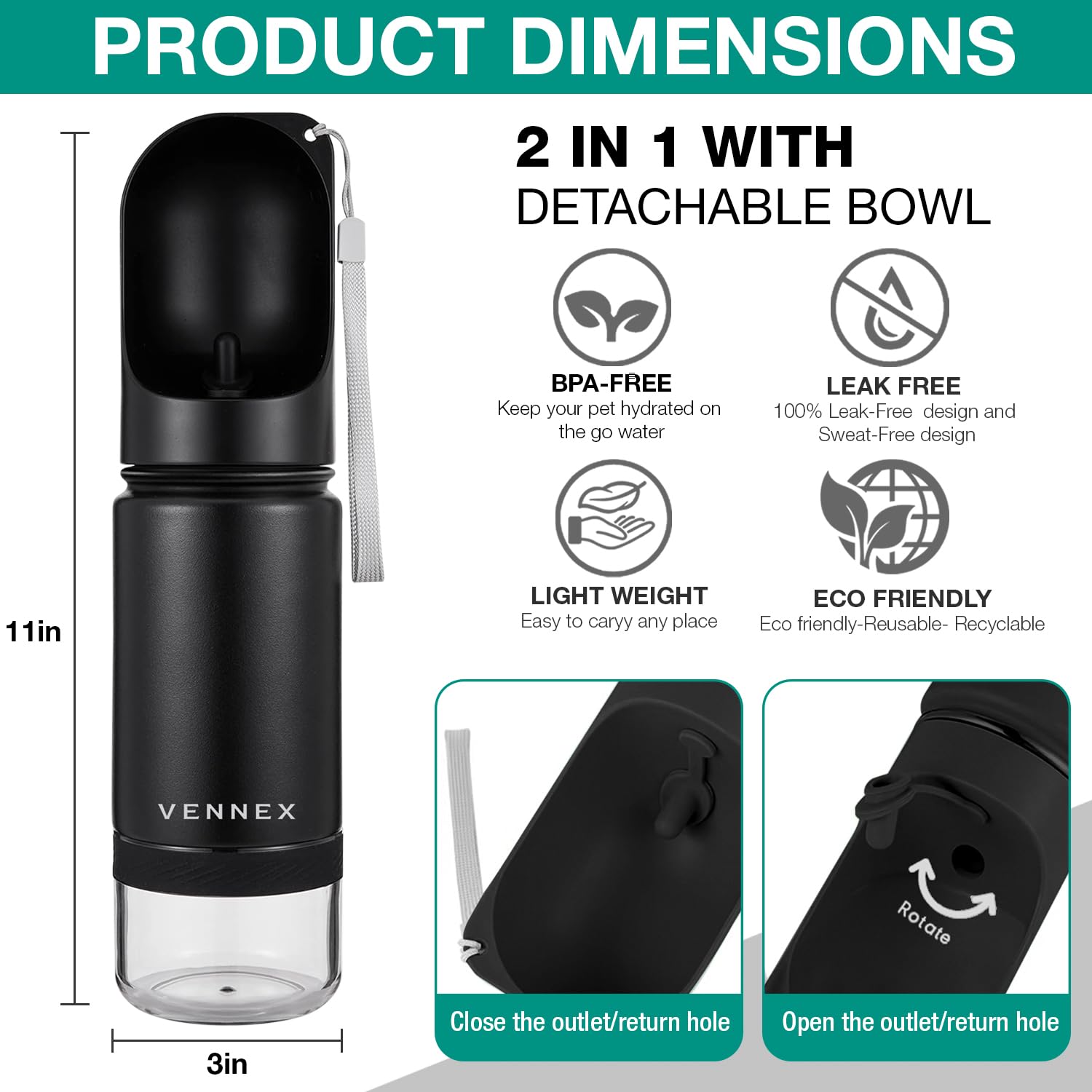 Bouteille chien compacte VENNEX idéale pour les voyages.
