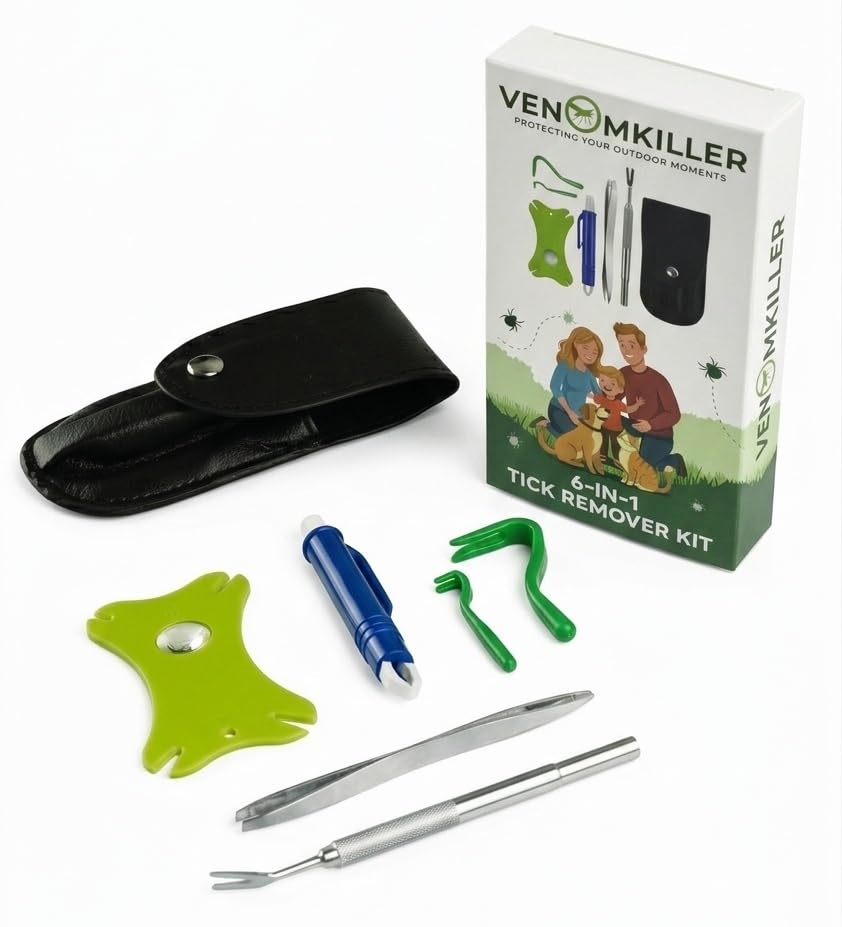 VENOMKILLER kit-tiques 6-en-1 pinces inox, retrait précis et en douceur.