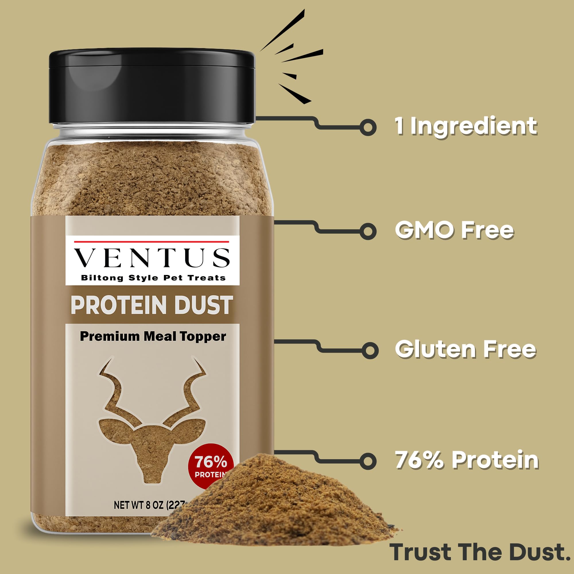 Poudre de venaison Ventus, riche en protéines pour soutenir la masse musculaire canine.