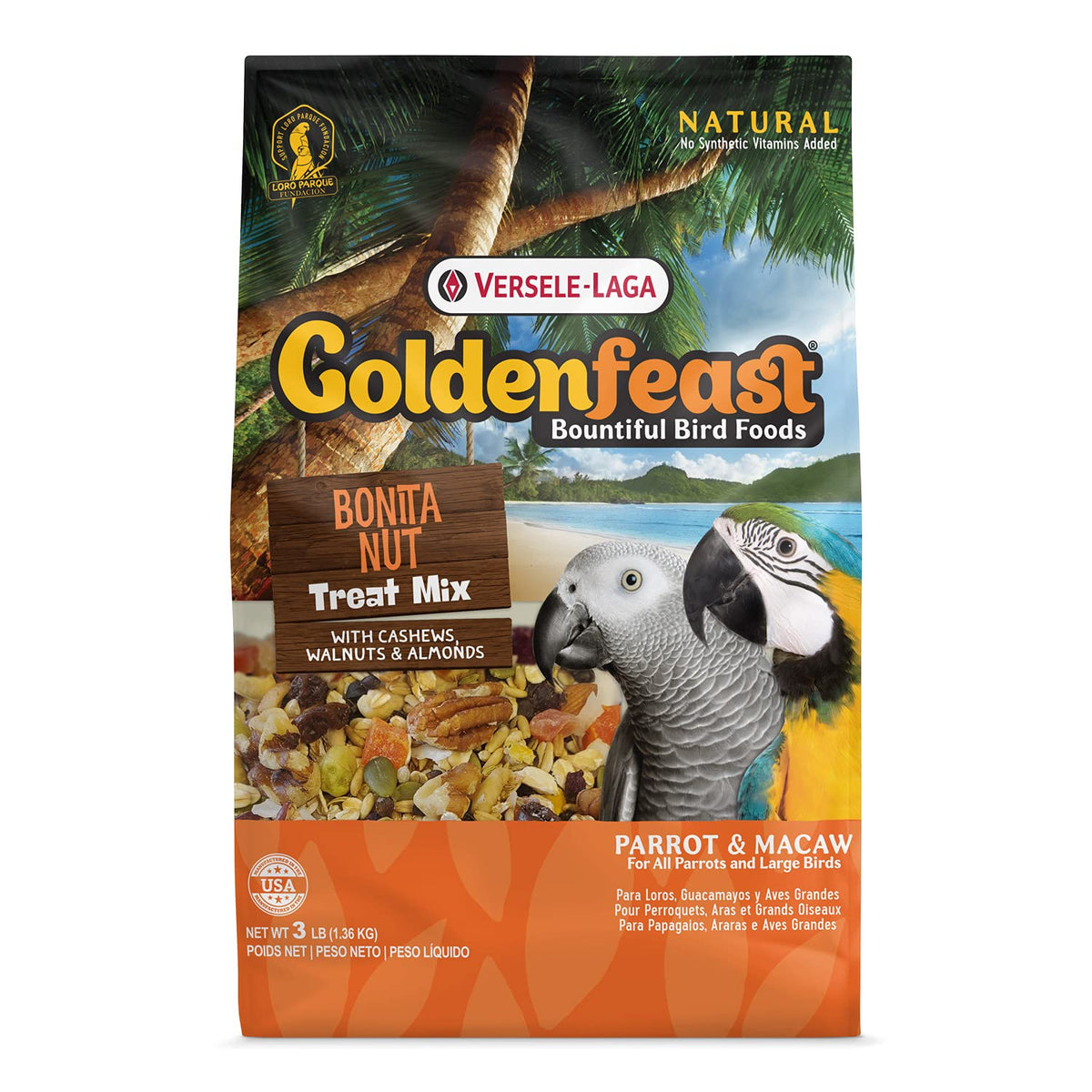 Versele-Laga Bonita Nut Treat Mix : ingrédients variés pour stimuler l'exploration alimentaire chez les perroquets.