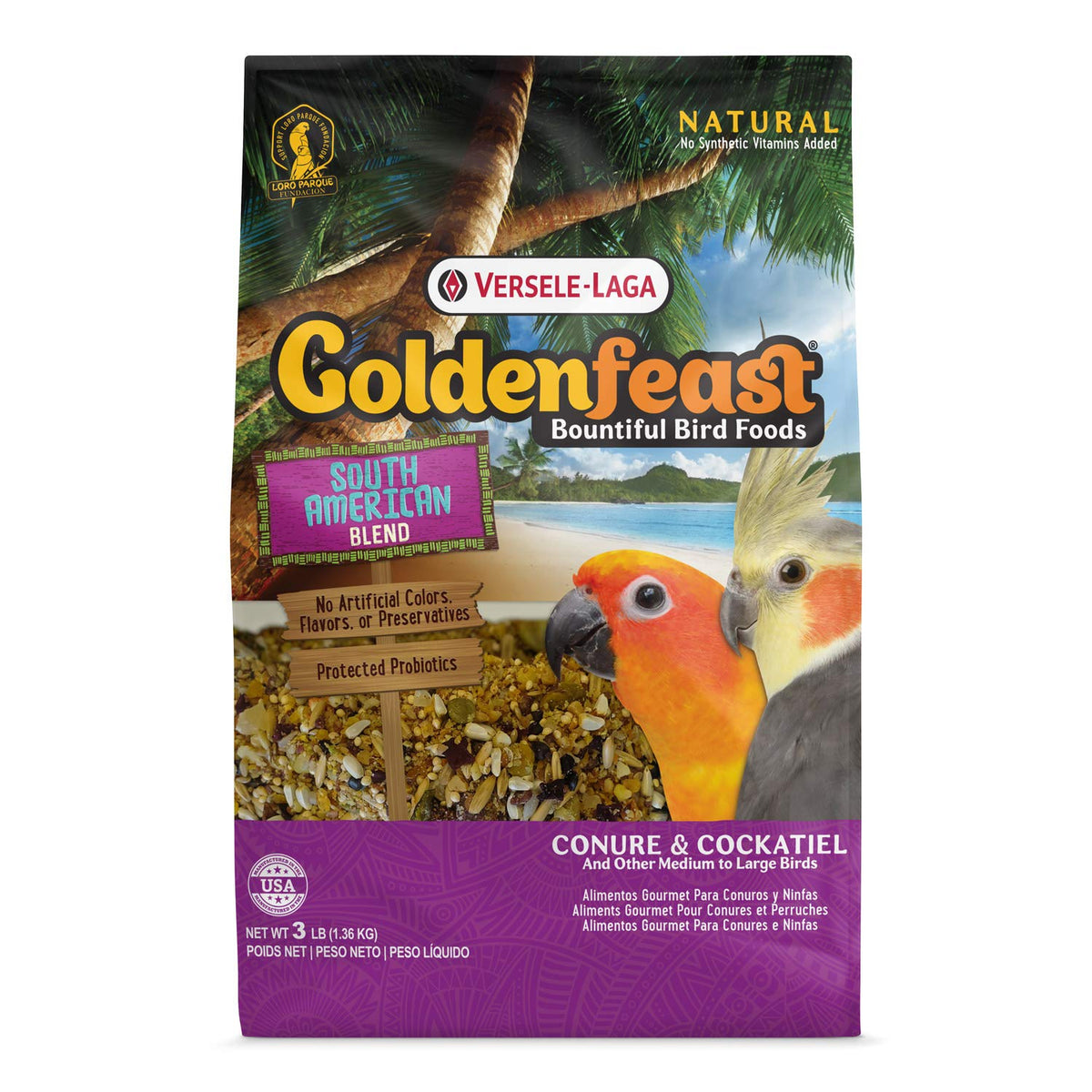 Versele-Laga Goldenfeast Mélange Sud-Américain: variété d'ingrédients stimulant l'exploration alimentaire.