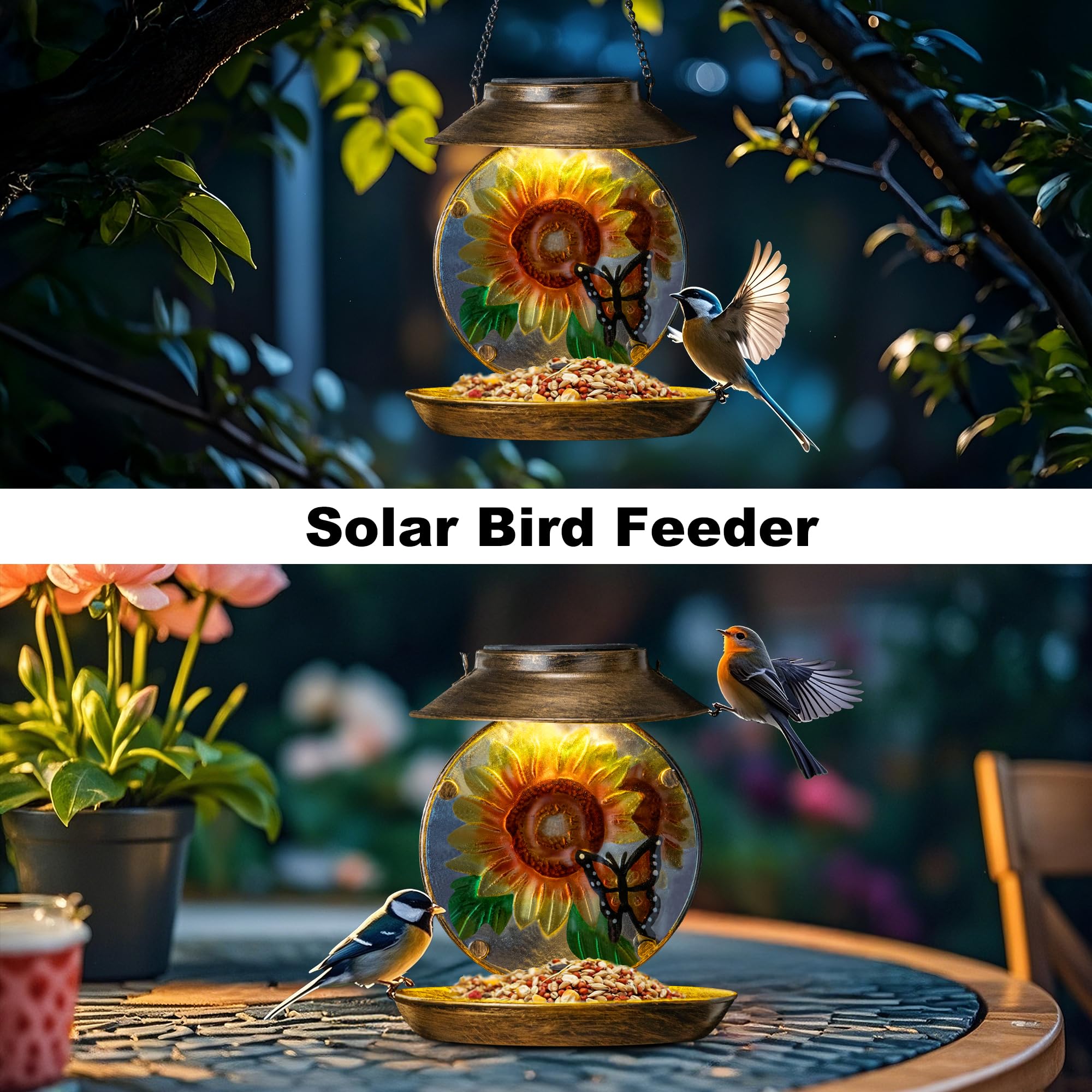 Mangeoire verre peint papillon soleil VESTCDF, décor élégant et appétit des oiseaux.