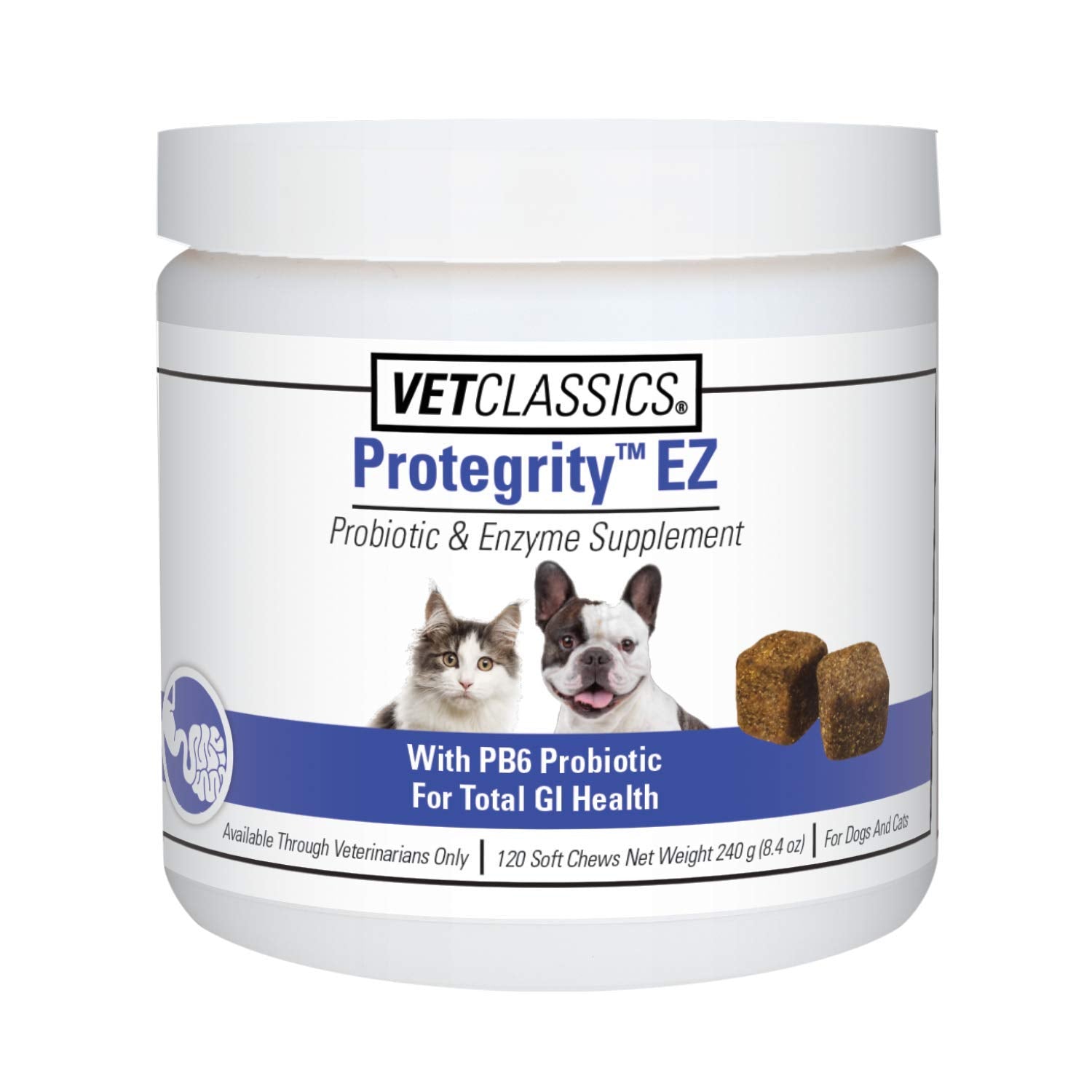 Vet Classics Protegrity EZ Probiotiques, emballage du flacon montrant le soutien digestif potentiel.