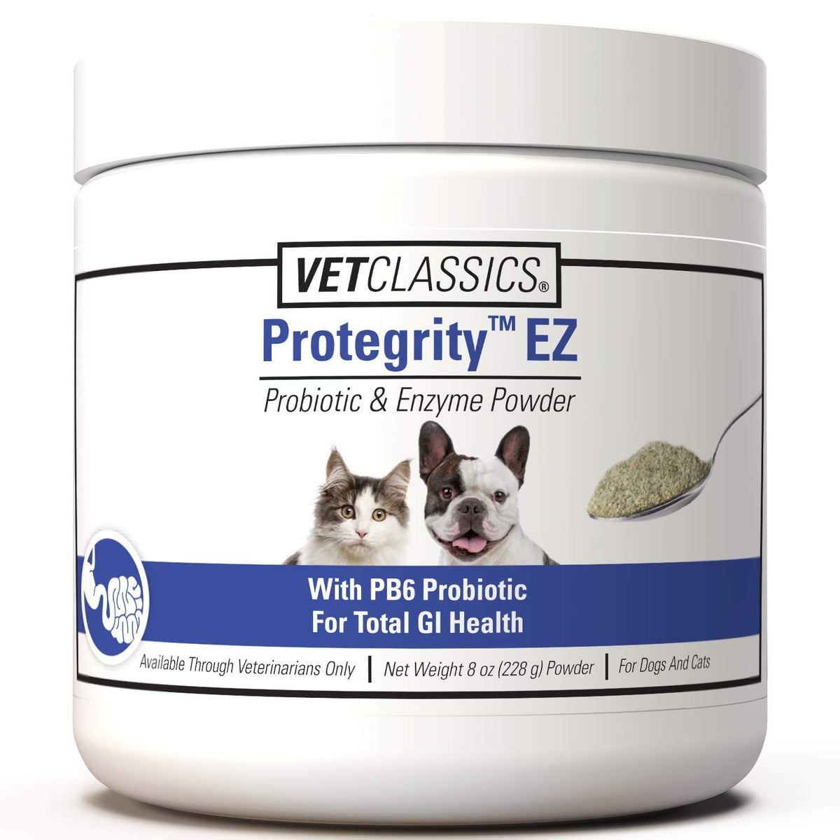 Vet Classics Protegrity EZ Probiotiques, emballage et poudre, soutien digestif potentiel pour chiens et chats.