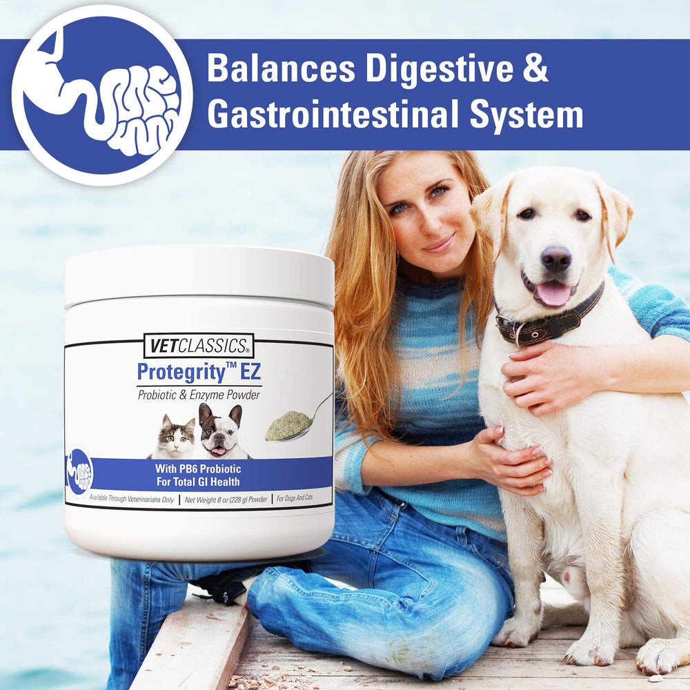 Vet Classics Protegrity EZ Probiotiques, texture poudre granuleuse, dissolution efficace dans l'alimentation.