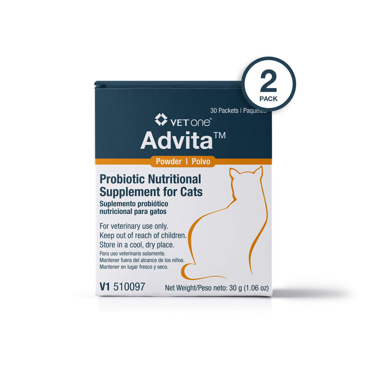 Vet One Advita Probiotique pour chats, poudre facile à saupoudrer sur nourriture.