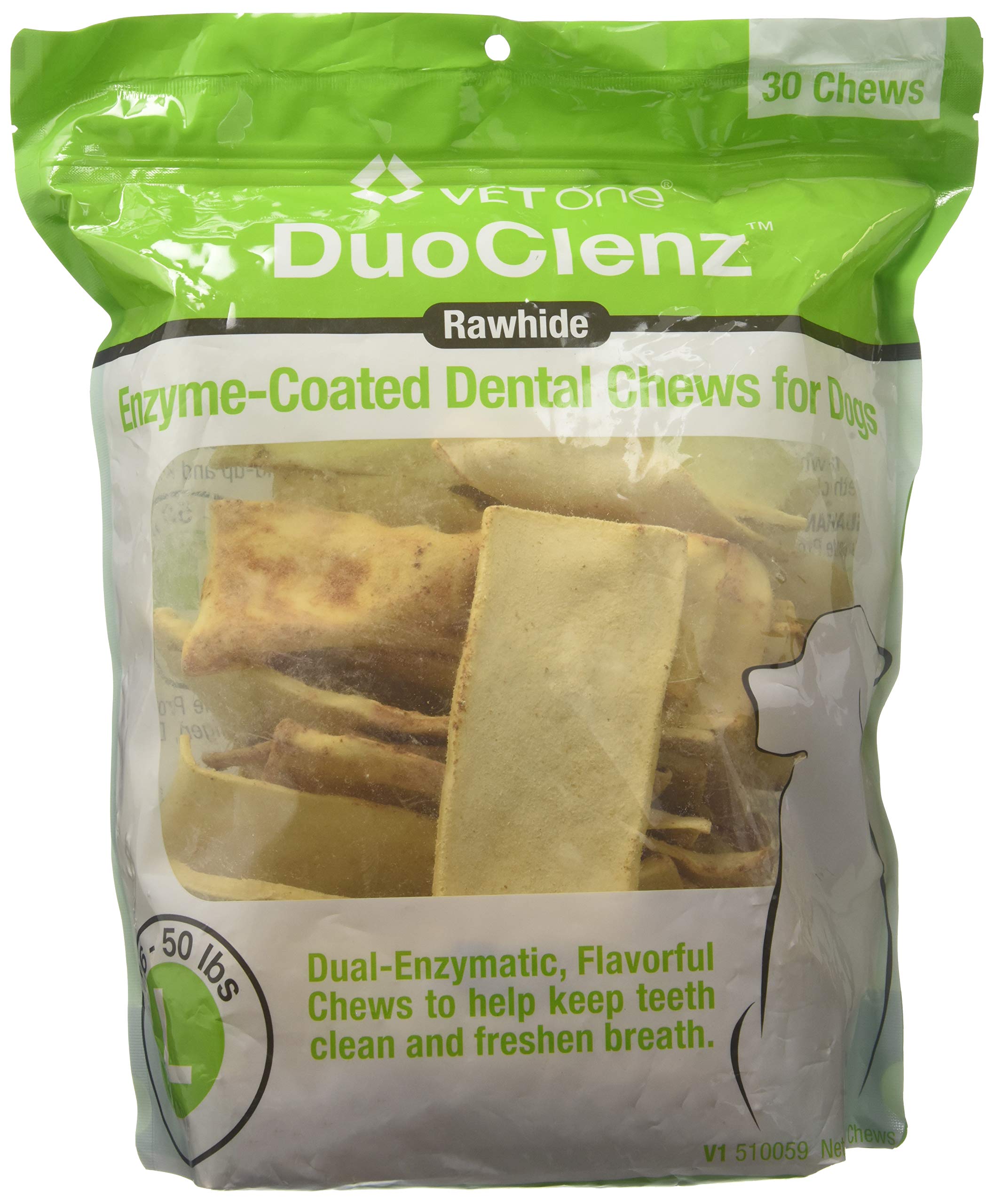 Vet One DuoClenz friandises dentaires enzymées pour gros chien, soutien possible à l'haleine fraîche.