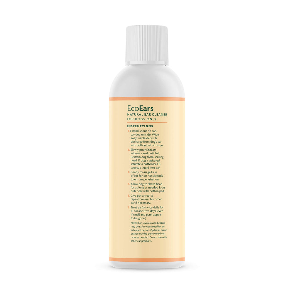 Formule multi-action EcoEars Vet Organics nettoie et apaise les oreilles sensibles.
