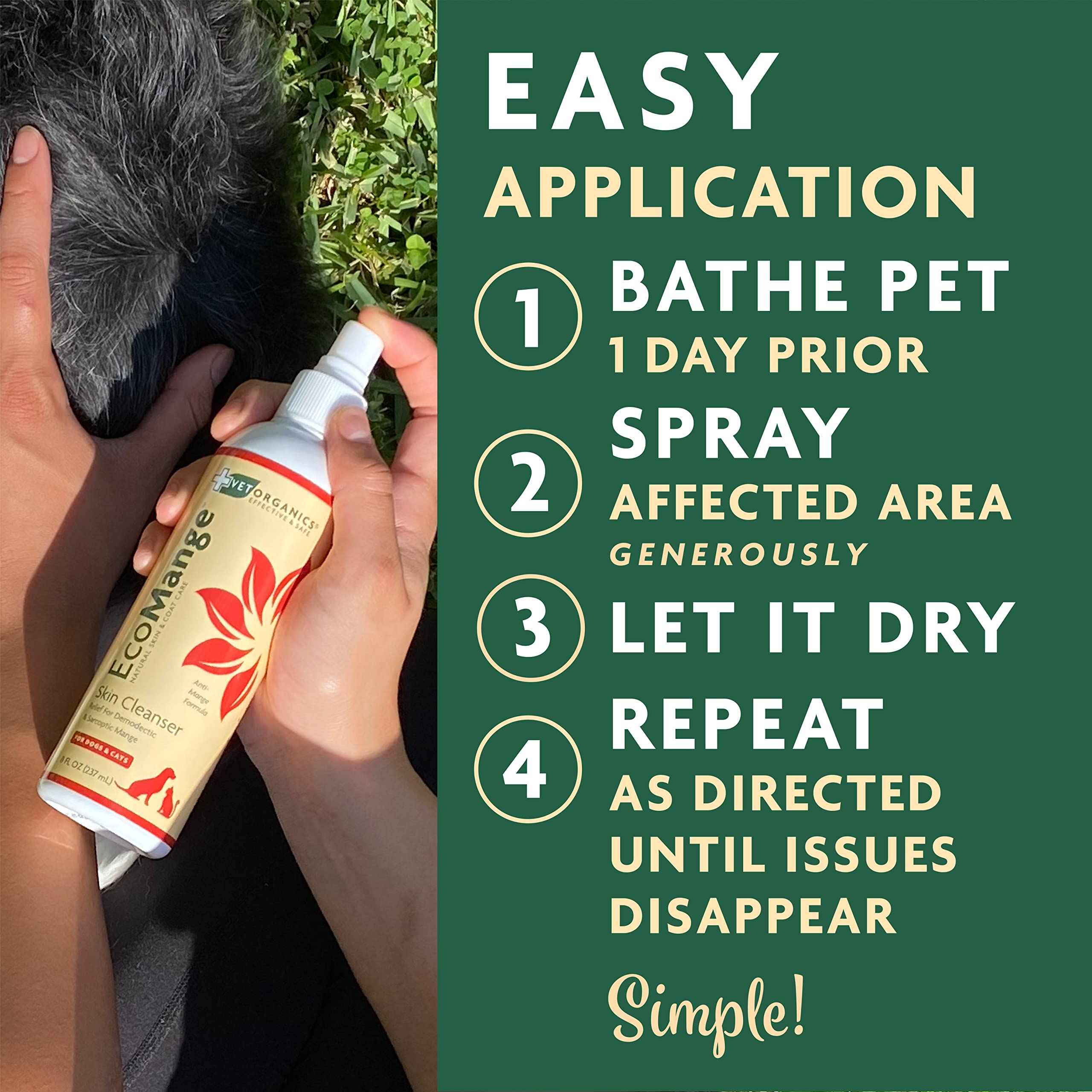 Vet Organics EcoMange chien et chat, solution naturelle pour démangeaisons.