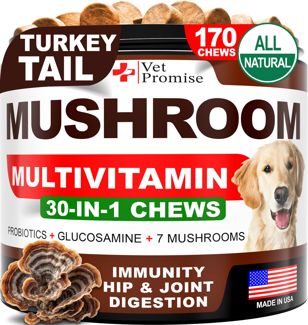Vet Promise: boite-chien-170-gommes, friandises champignons pour chiens, soutien immunitaire potentiel.