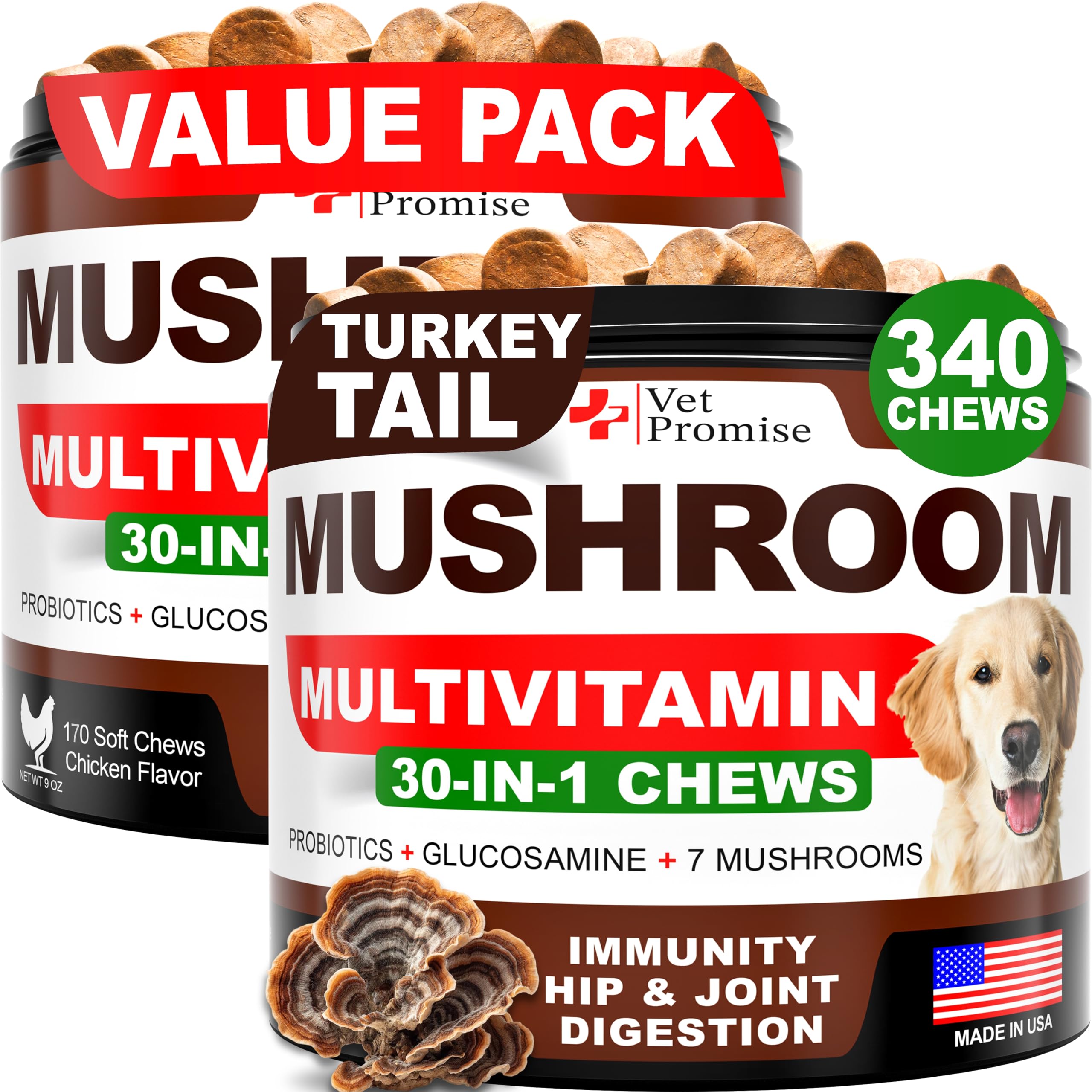 Vet Promise bouchées champignon queue-de-dinde pour chien, soutien potentiel du bien-être.