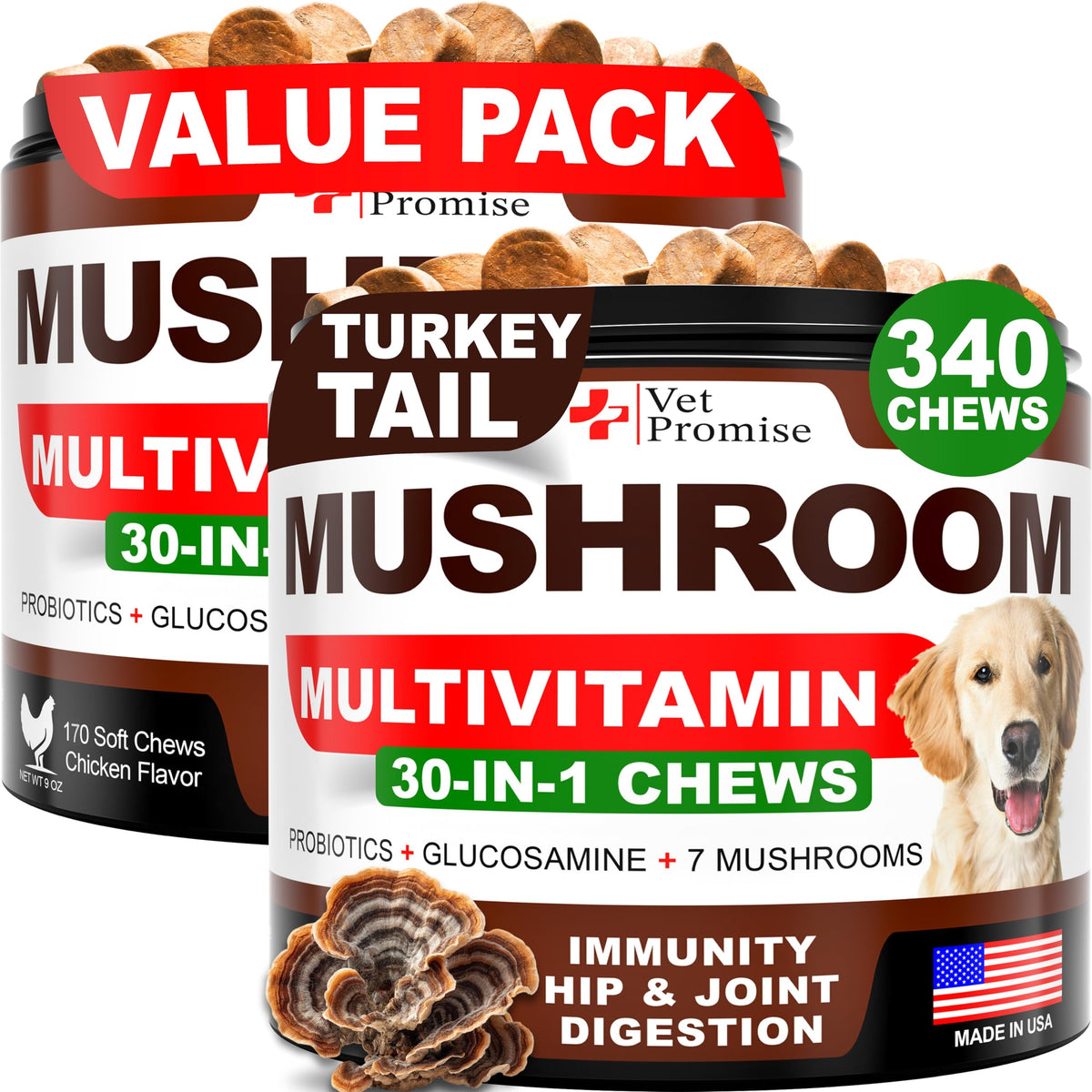 Vet Promise bouchées champignon queue-de-dinde pour chien, soutien potentiel du bien-être.