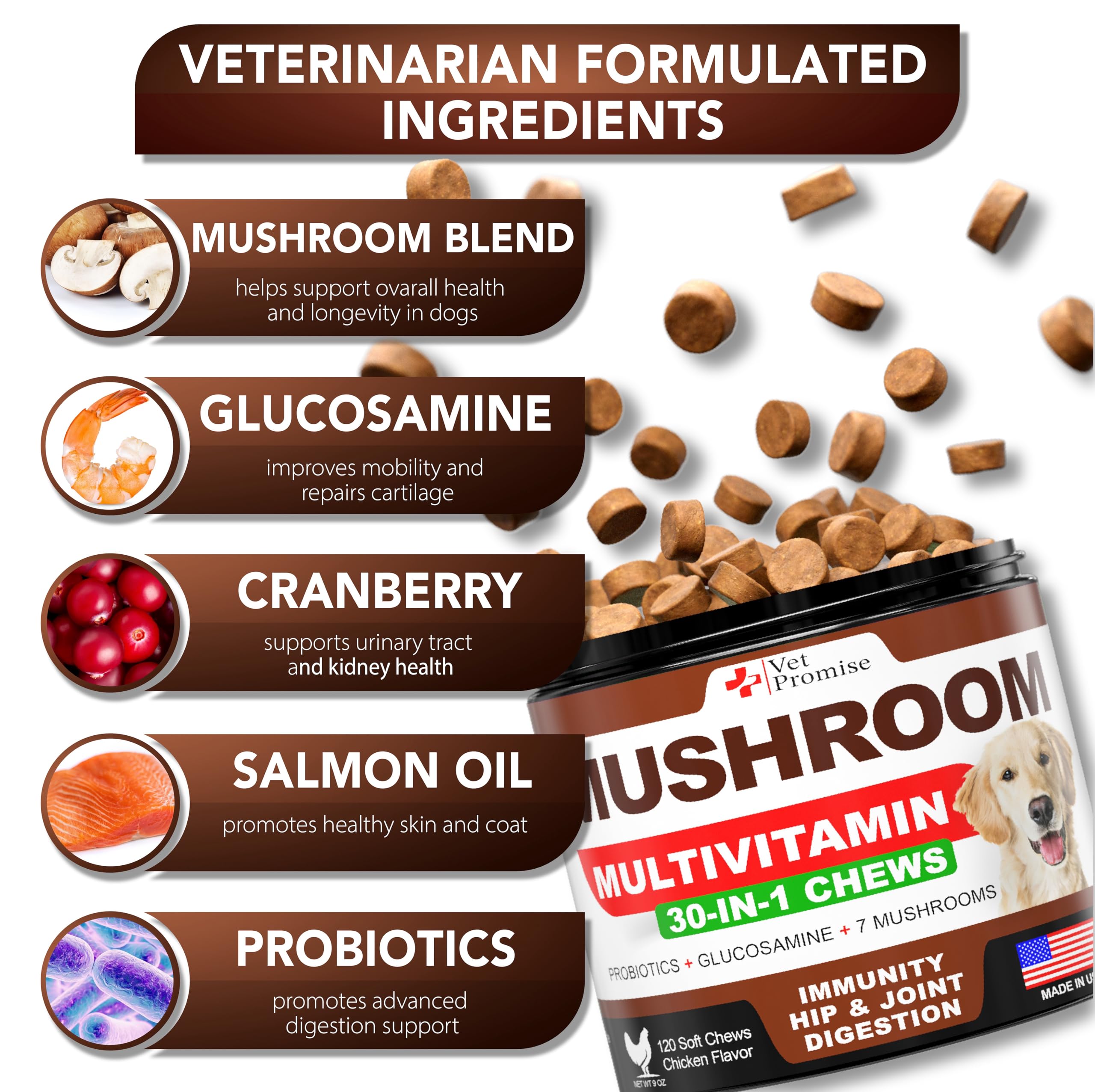 Bouchées Vet Promise pour l'immunité chien, associant champignons et probiotiques.