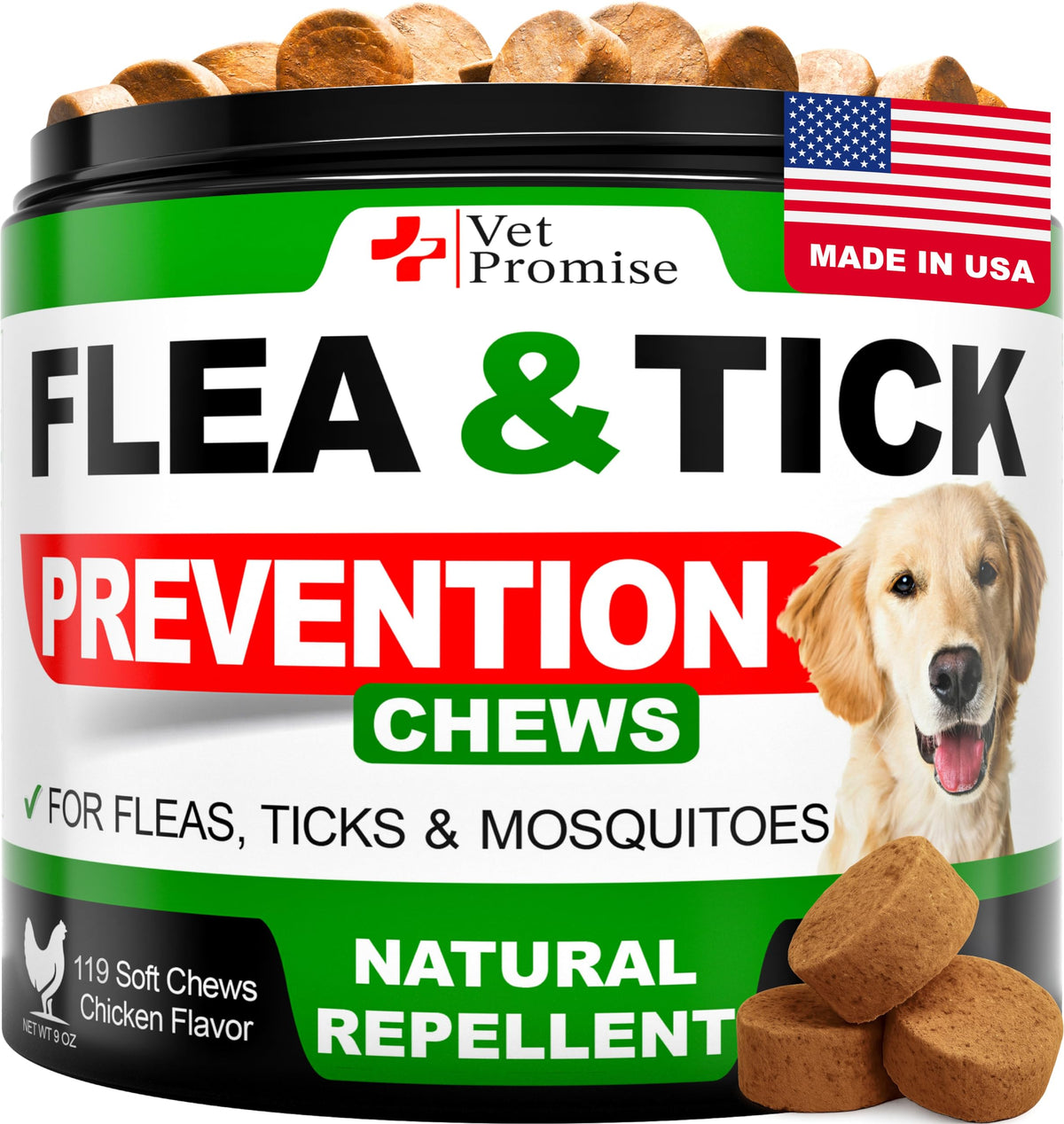 Vet Promise bouchées souples pour chien protégeant contre puces et tiques.