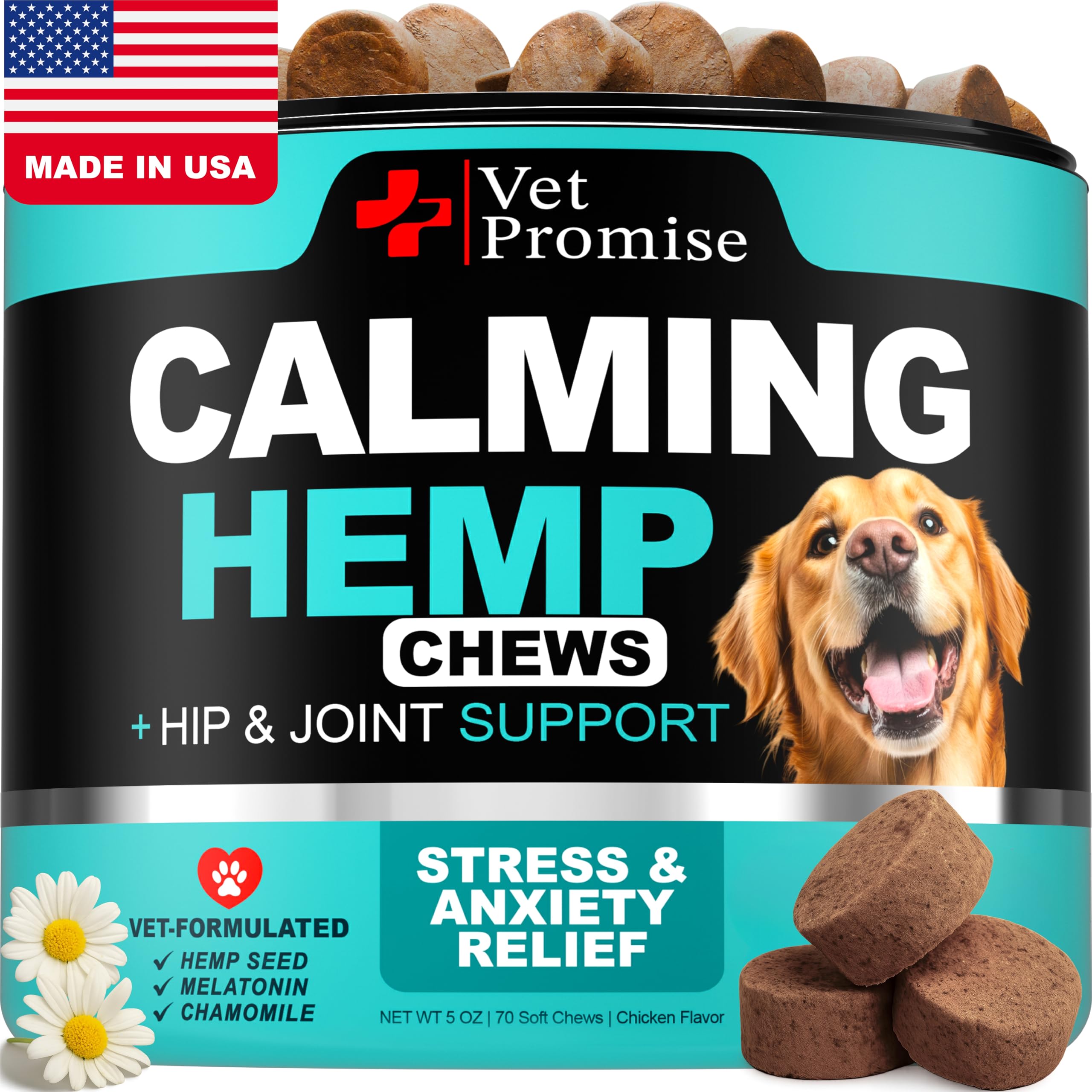 Vet Promise bouteille gommes apaisantes pour chiens, soutien calme et sommeil.