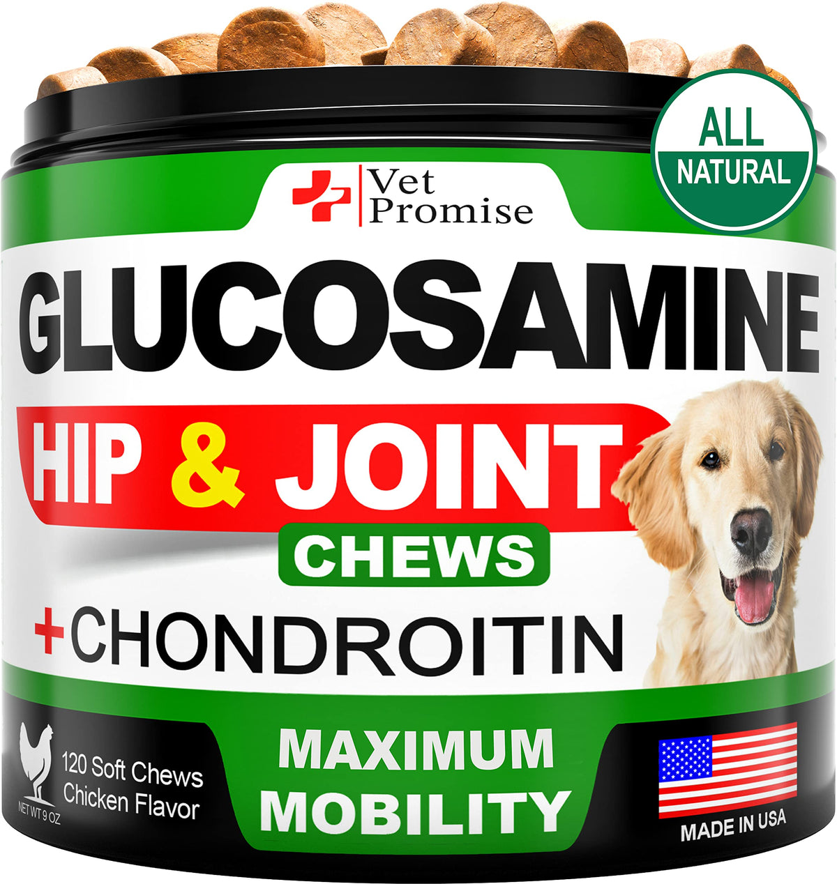 Emballage Vet Promise Glucosamine pour chien, soutien potentiel à la mobilité.