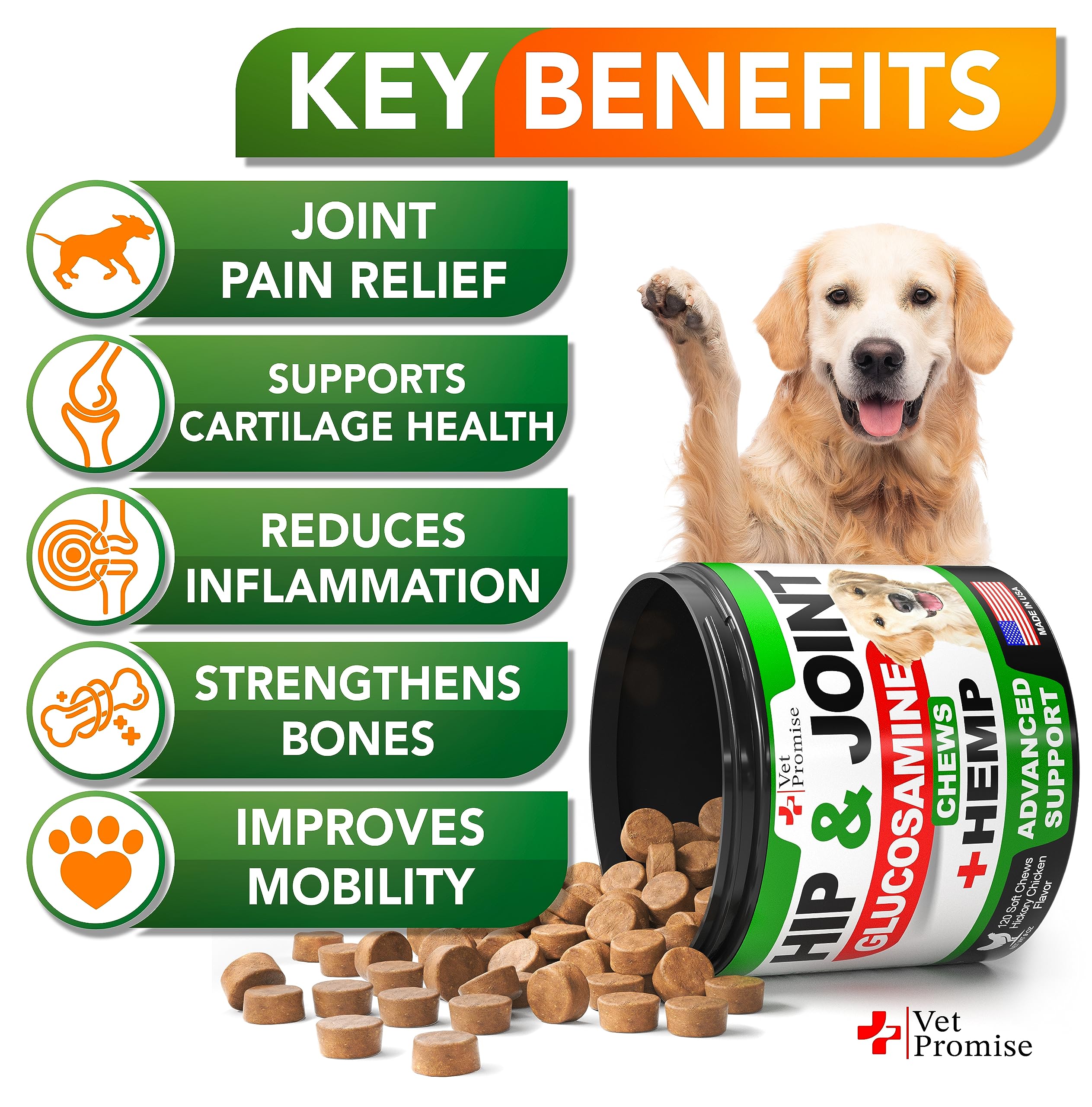 Vet Promise glucosamine-chondroïtine: articulation saine et flexibilité améliorée pour chiens.