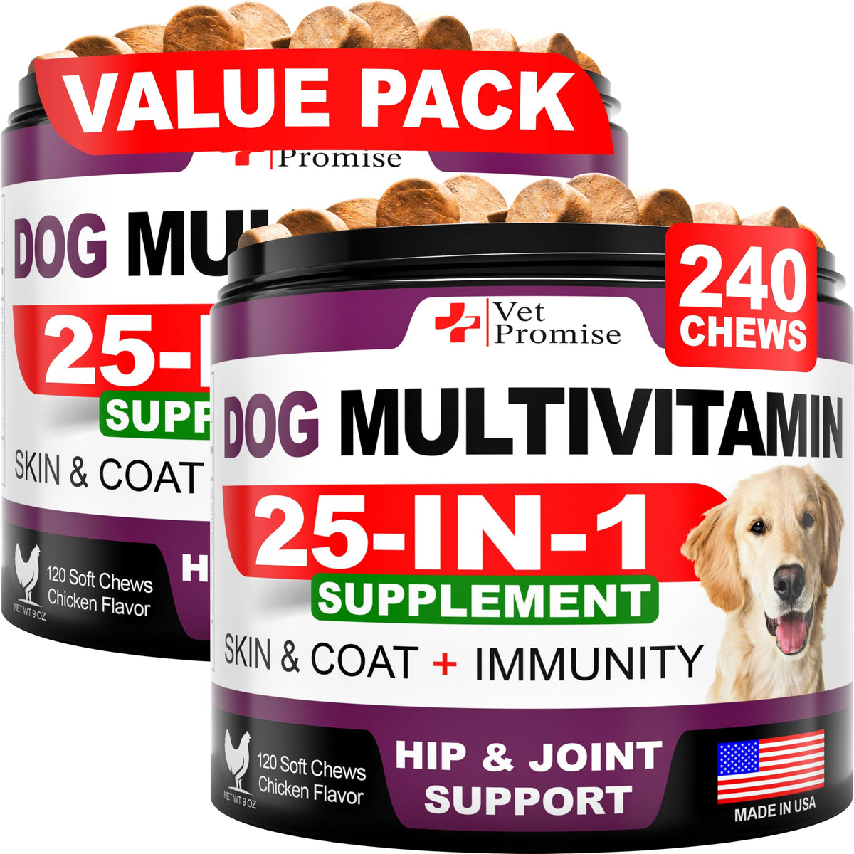 Vet Promise multivitamine chien à mâcher lot 2, soutien global et énergie.