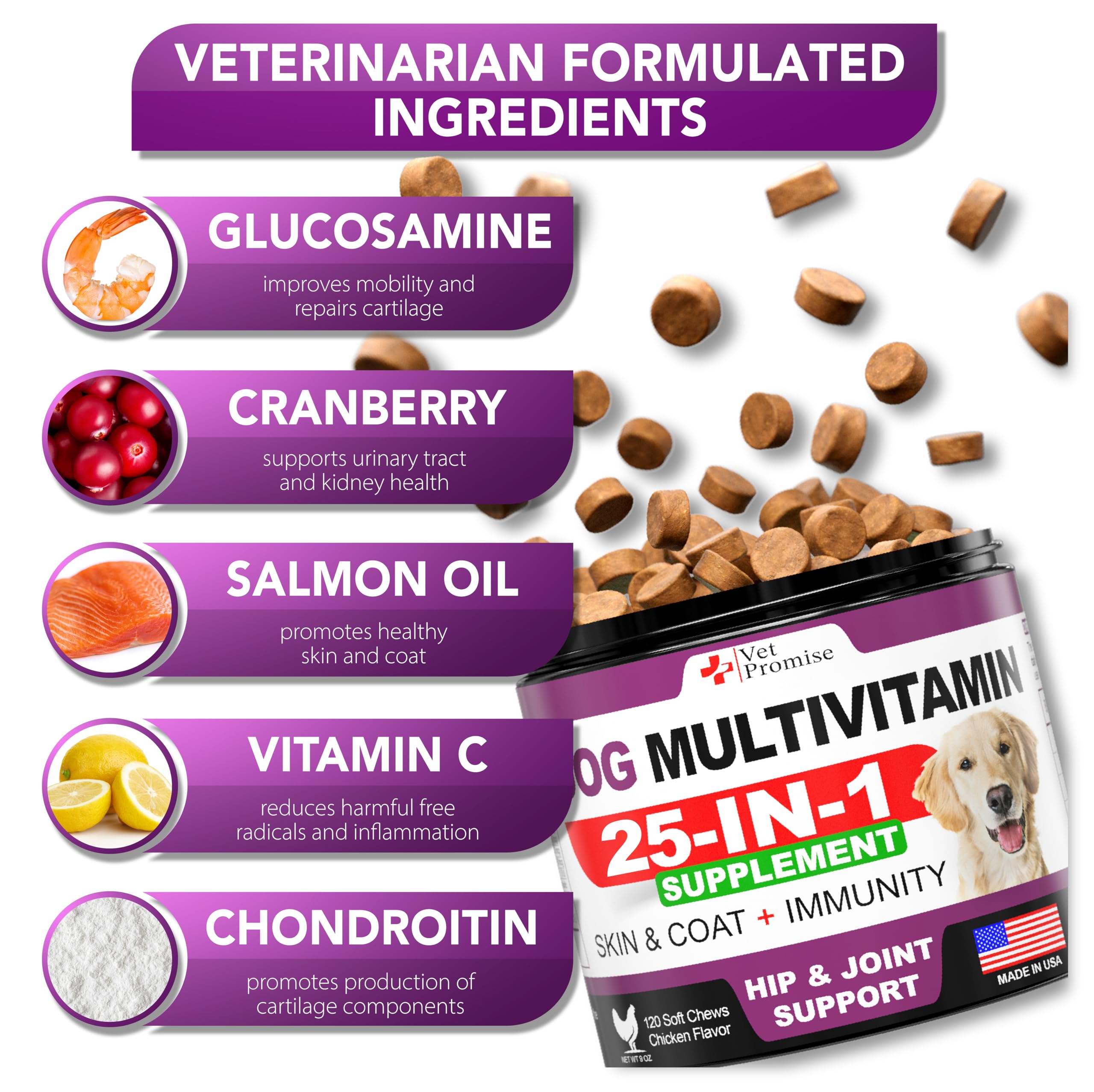 Vet Promise probiotiques chien, 6 souches pour une digestion équilibrée.