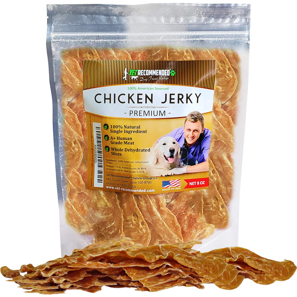 Vet Recommended : sachet poulet séché pour chien, récompense naturelle et sûre.
