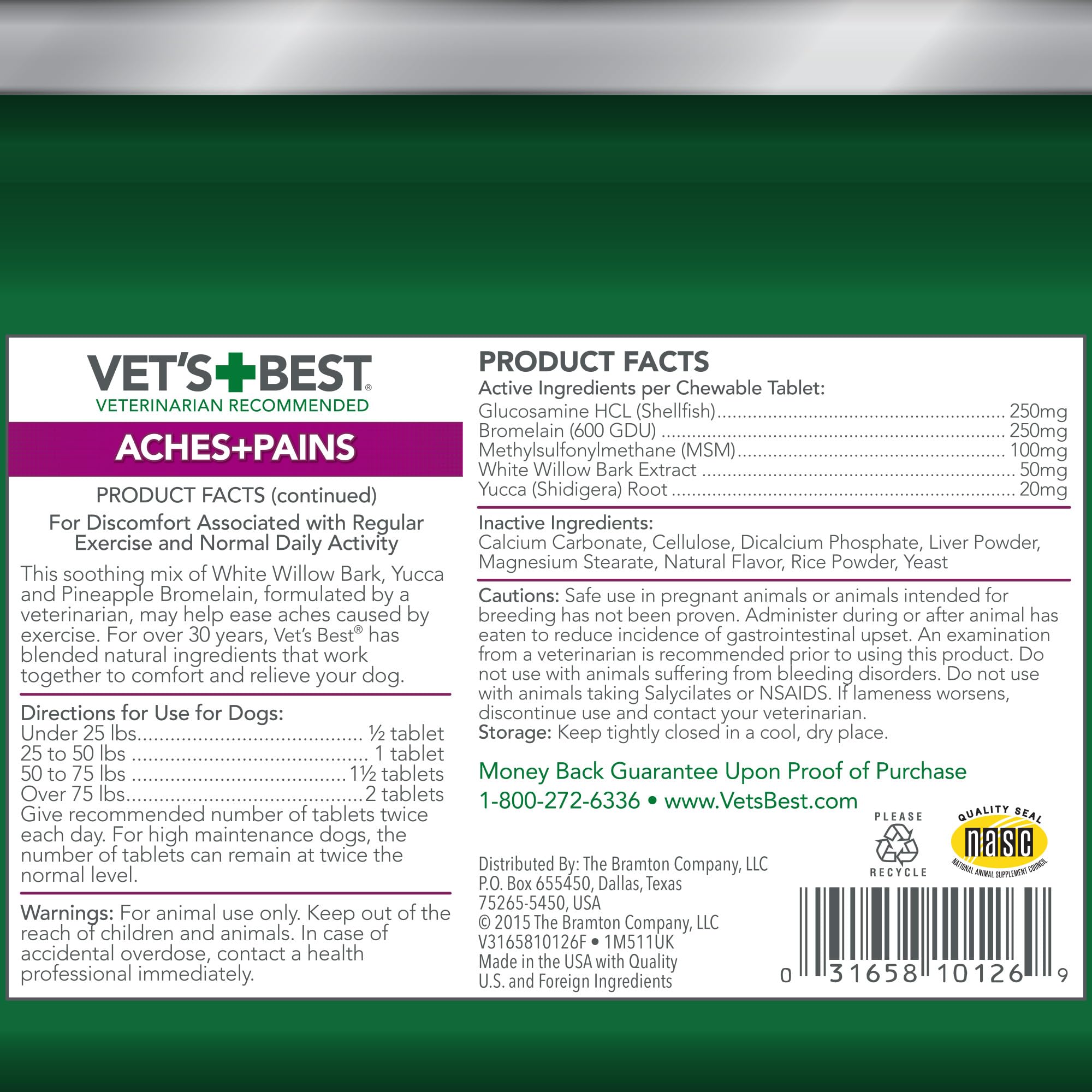Vet’s Best Aches + Pains – emballage pratique de 150 comprimés sans conservateurs artificiels.