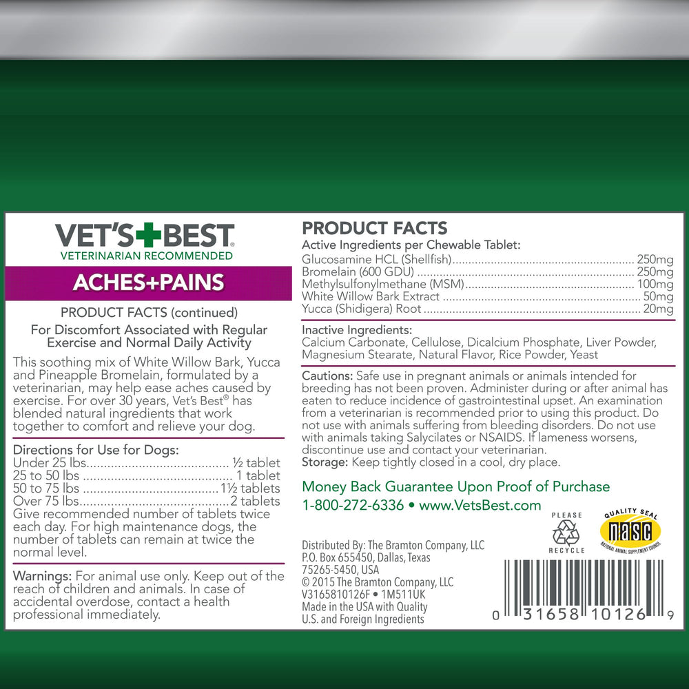 Vet’s Best Aches + Pains – emballage pratique de 150 comprimés sans conservateurs artificiels.