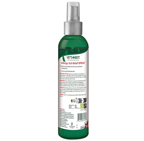 Vet's Best Allergy Itch Relief Spray sans alcool et adaptee aux peaux sensibles.