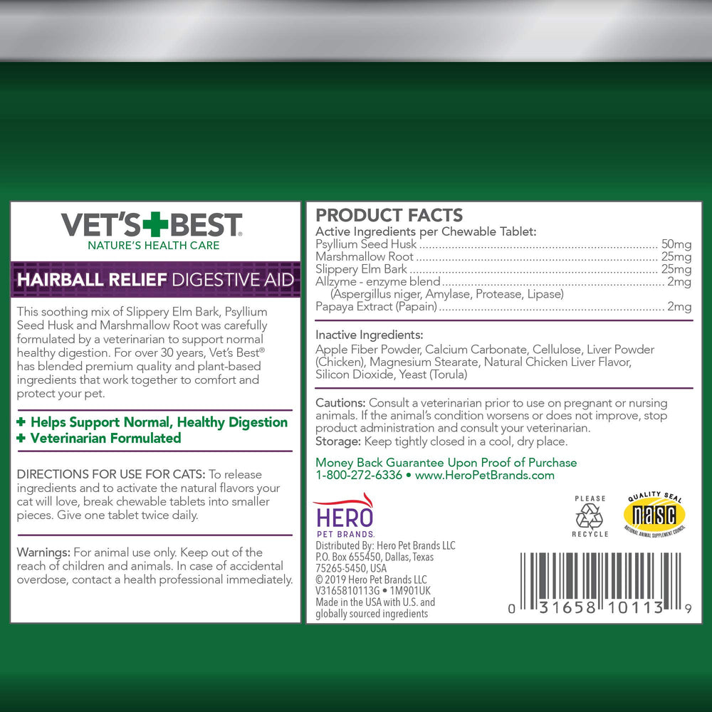 Vet's Best Chat Hairball Relief – prévention des boules de poils pour chats d'intérieur