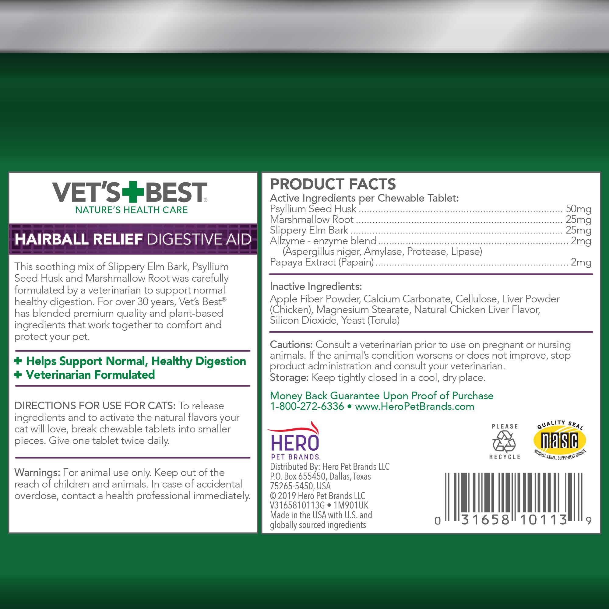 Vet's Best Chat Hairball Relief – tablettes saveur poulet, faciles à donner