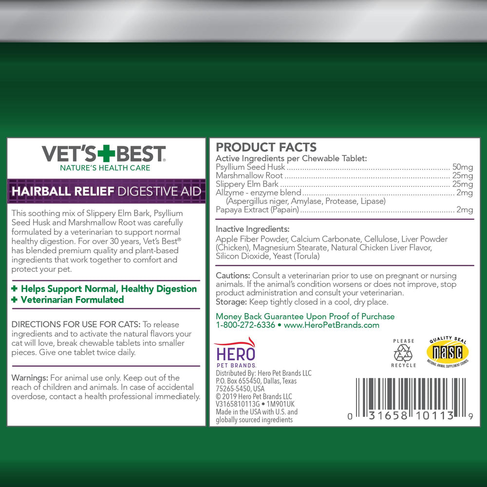 Vet's Best Chat Hairball Relief – tablettes saveur poulet, faciles à donner