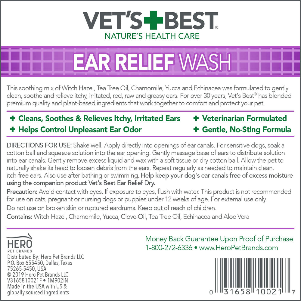 Vet's Best Lavage Oreilles — ingrédients naturels à base d’aloe et camomille.
