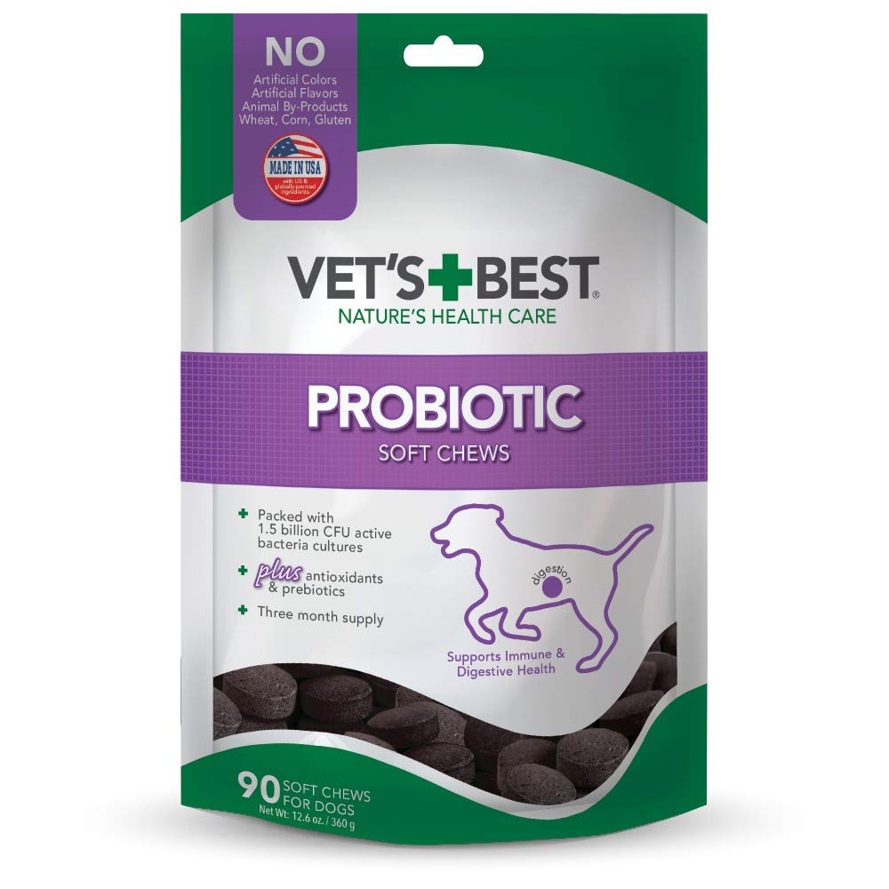 Vet's Best Probiotic Soft Chews – bouteille visible, soutien digestif pratique.