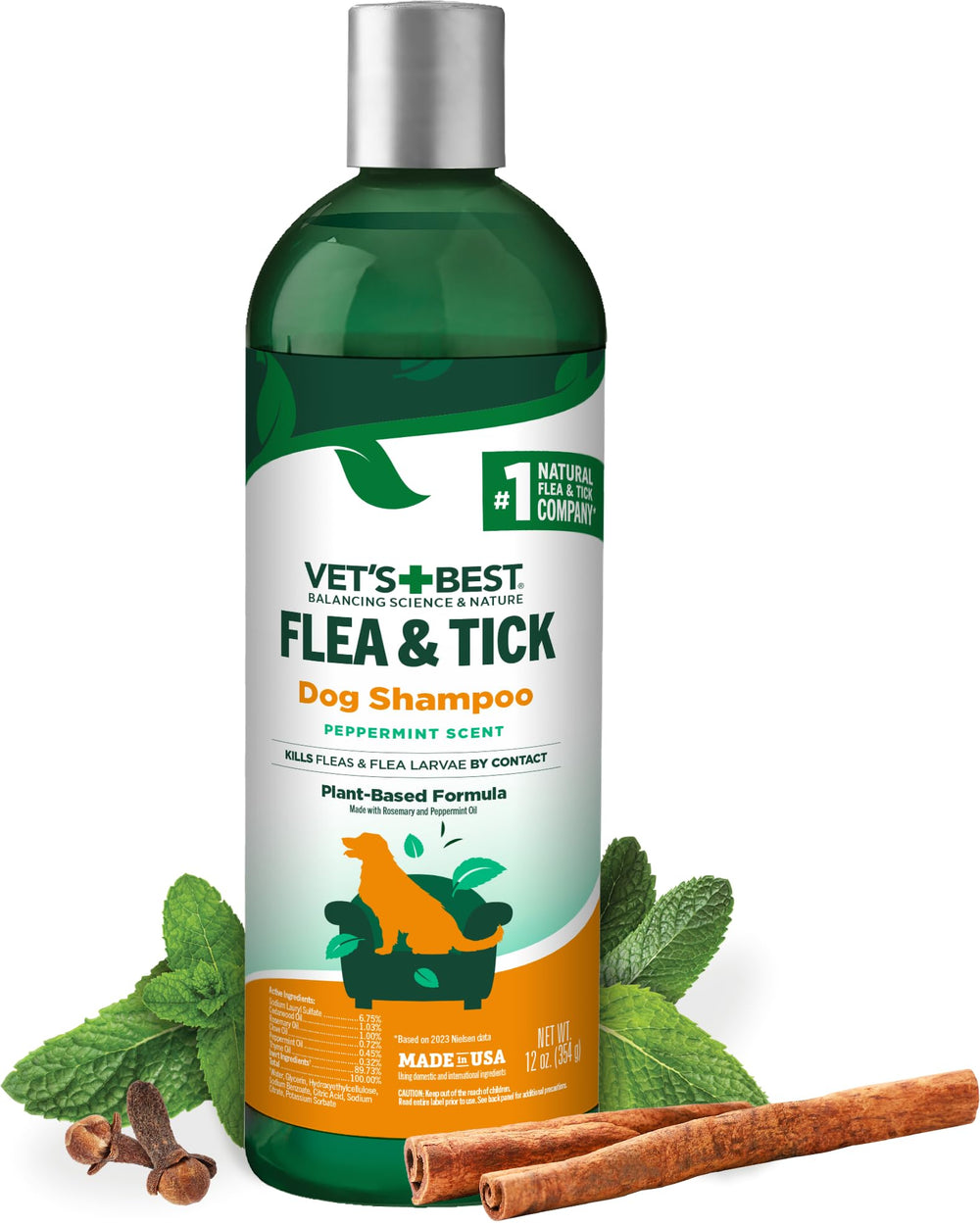 Vet's Best shampooing pour chien - flacon montrant l'action contre puces et tiques.