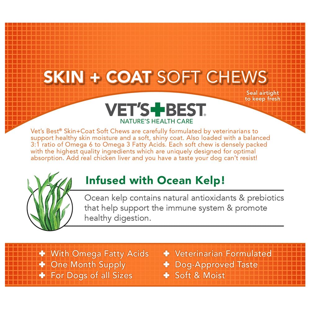 Vet's Best Skin & Coat Soft Chews, ratio Omega-6 et Omega-3 3:1 pour l'équilibre quotidien.