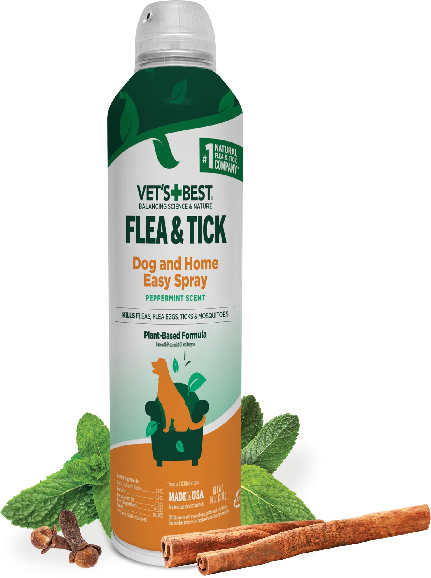 Vet's Best pulvérisation naturelle – bouteille sur canapé, élimine puces et tiques.