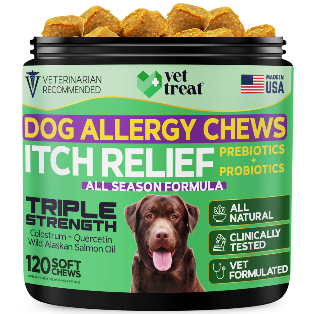 Vet Treat bouteille-allergie-chien: emballage pratique pour une prise quotidienne et soutien de la peau.